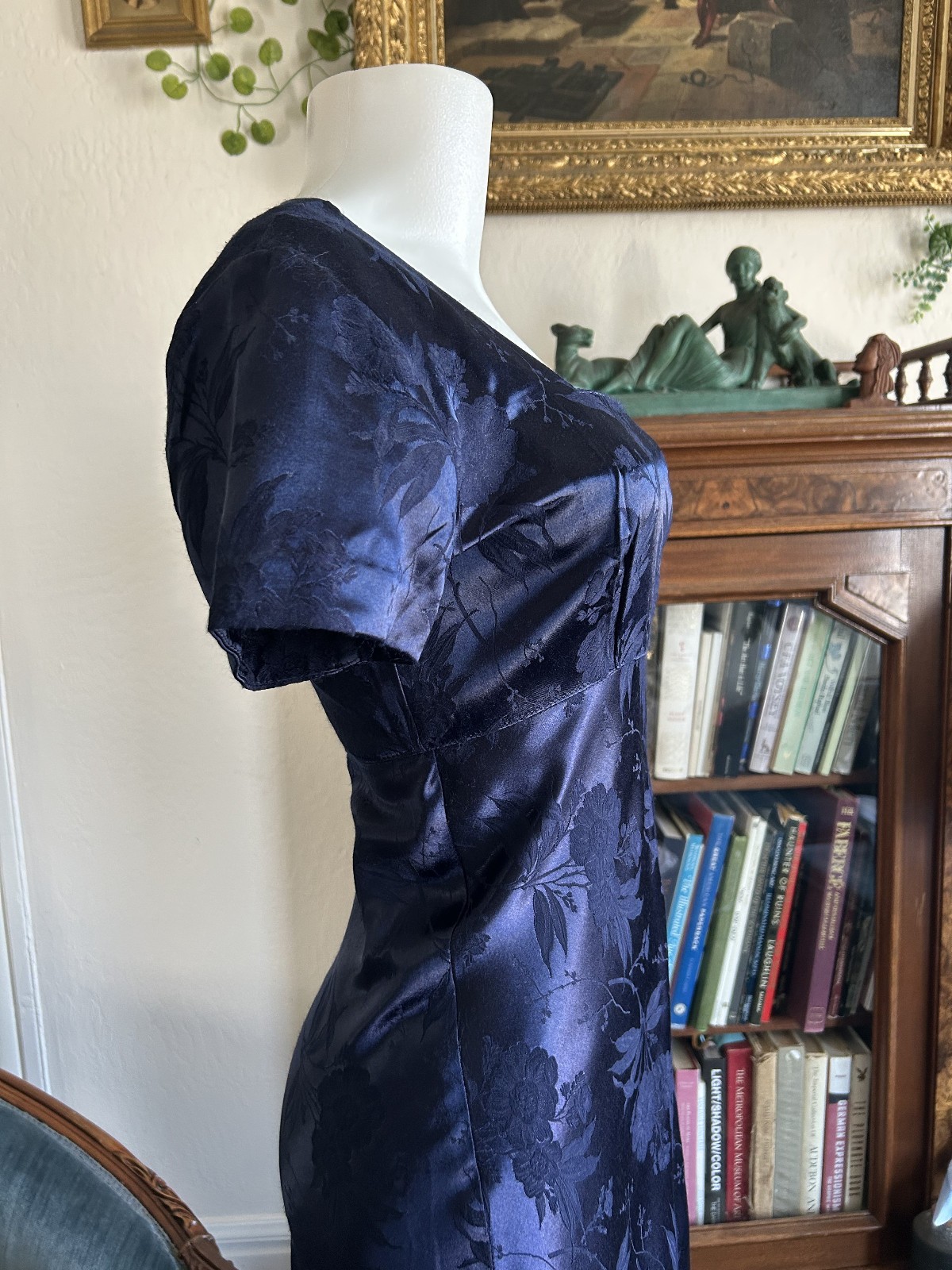 Vintage 1990s Deep Blue Satin Floral Maxi Dress Square Neck Bias Cut S 5/6 Y2K