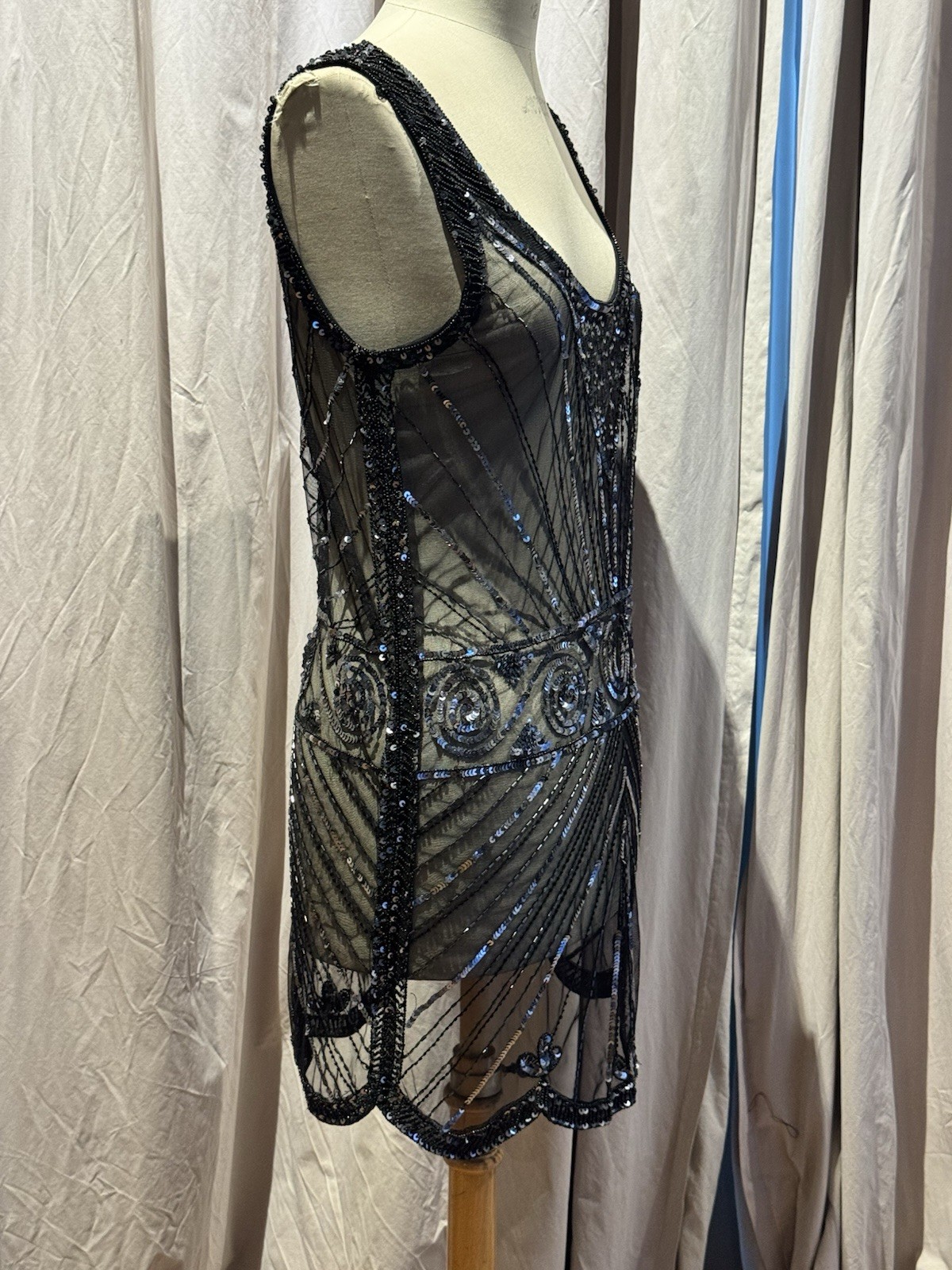VTG Miss Selfridge Beaded Sequined Mesh Dress W / Viscose Slip L