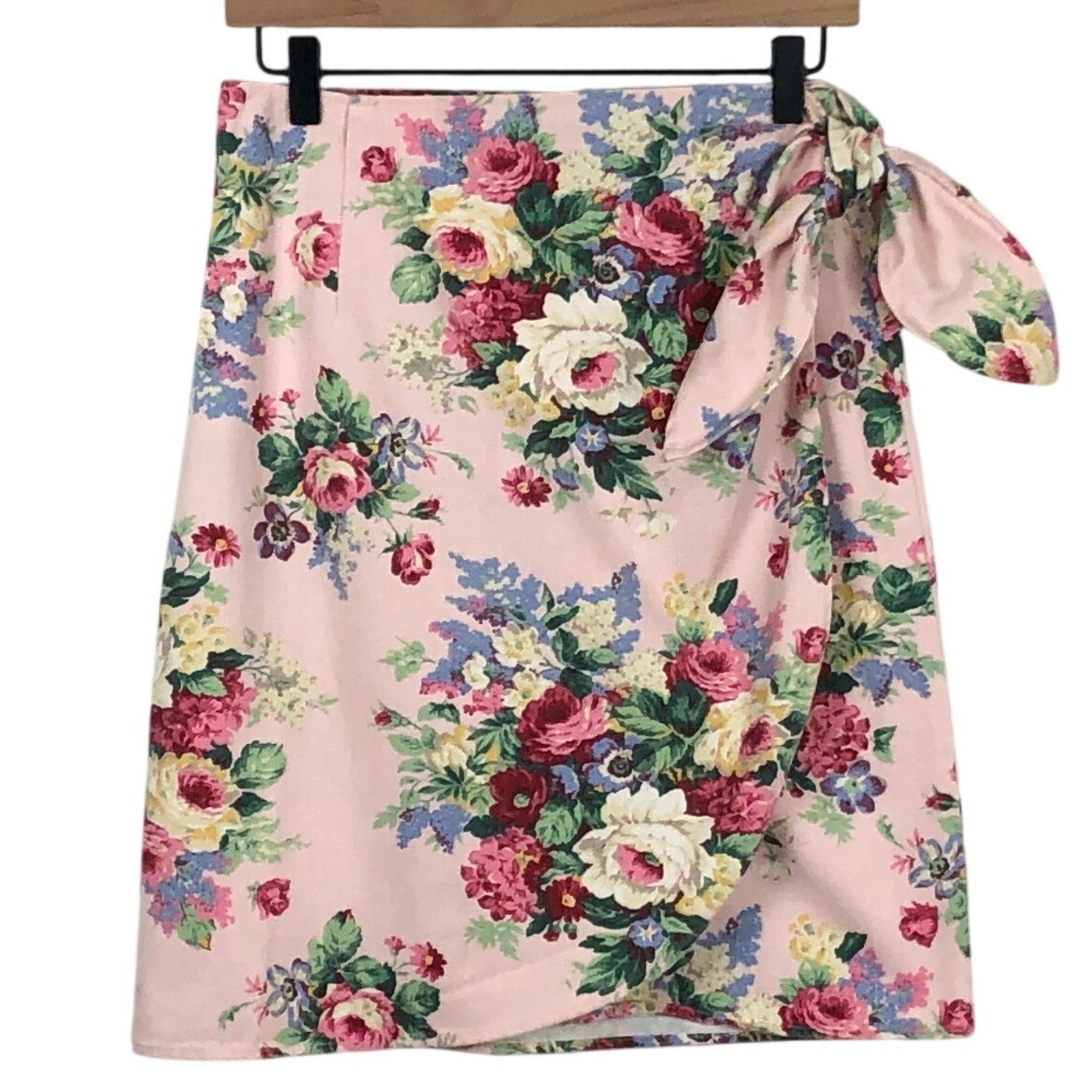 VTG On The Verge Cotton Wrap Mini Skirt Sz 7/8 Pink Floral Roses Made in USA