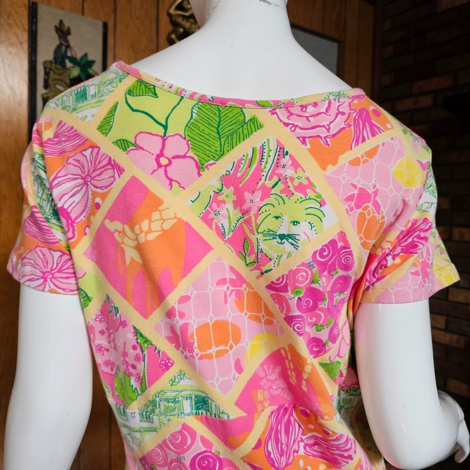 Vtg Y2K Lilly Pulitzer Worth Patch Lions Giraffe Patchwork T-Shirt Dress L/XL