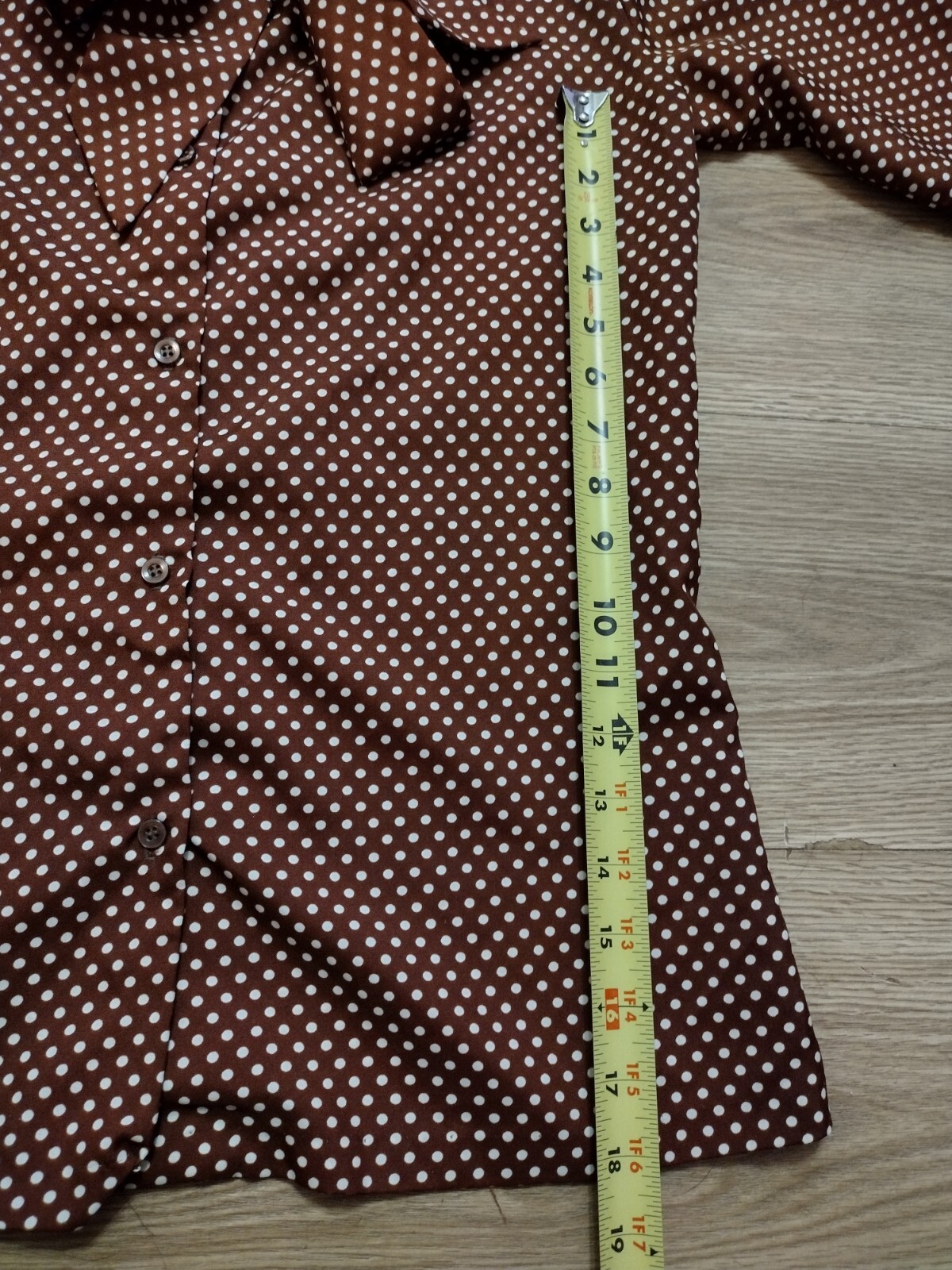 Vintage Womens 14T Sears Fashion Place Brown Polka Dot Tie Blouse Shirt Top VTG