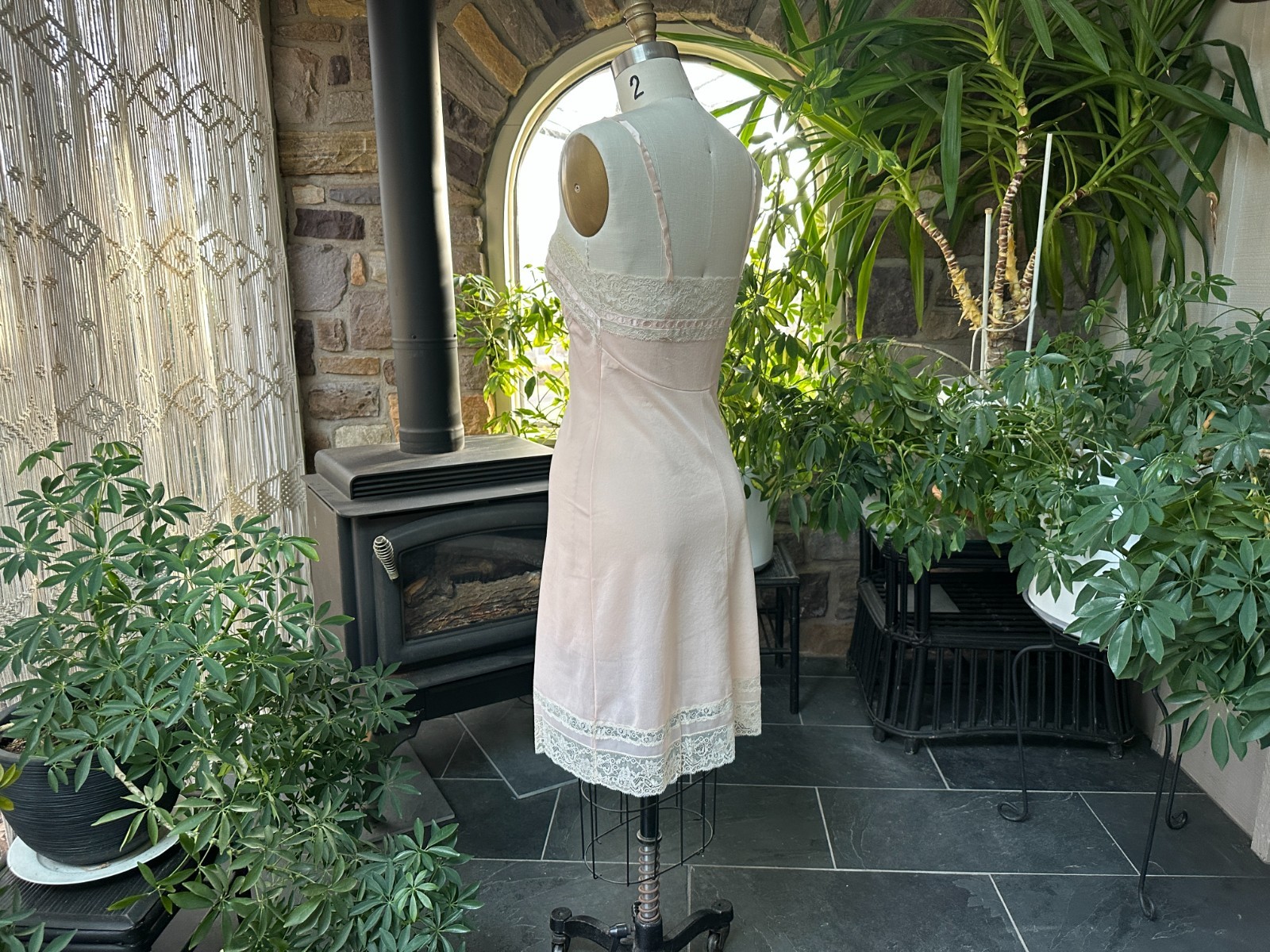 Vintage 1960s Peach Nylon Ivory Lace Slip Dress Crepelon Vassarette
