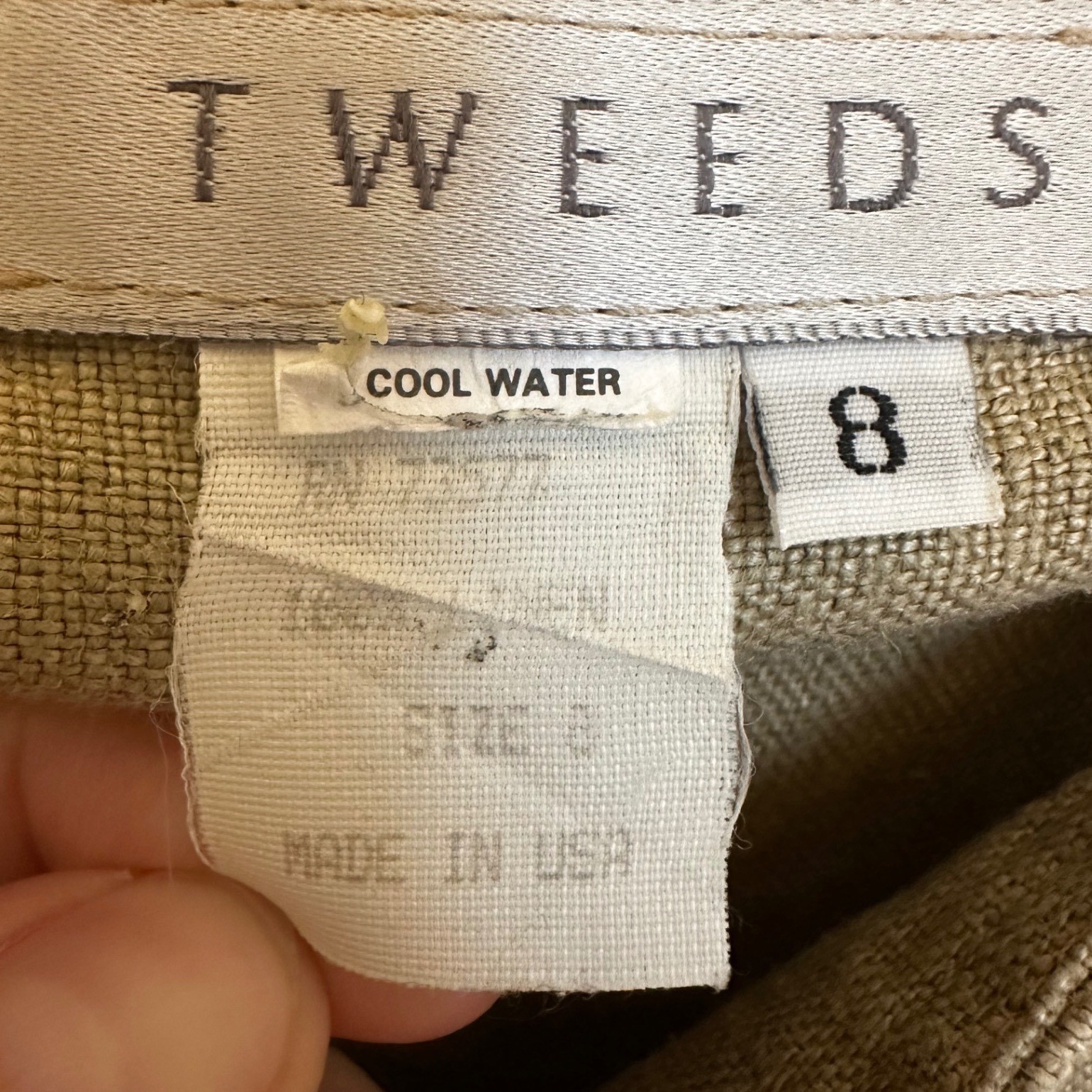 Tweeds Vintage 100% Linen Sheath Dress Khaki Sleeveless USA Sz 8 Career 90s