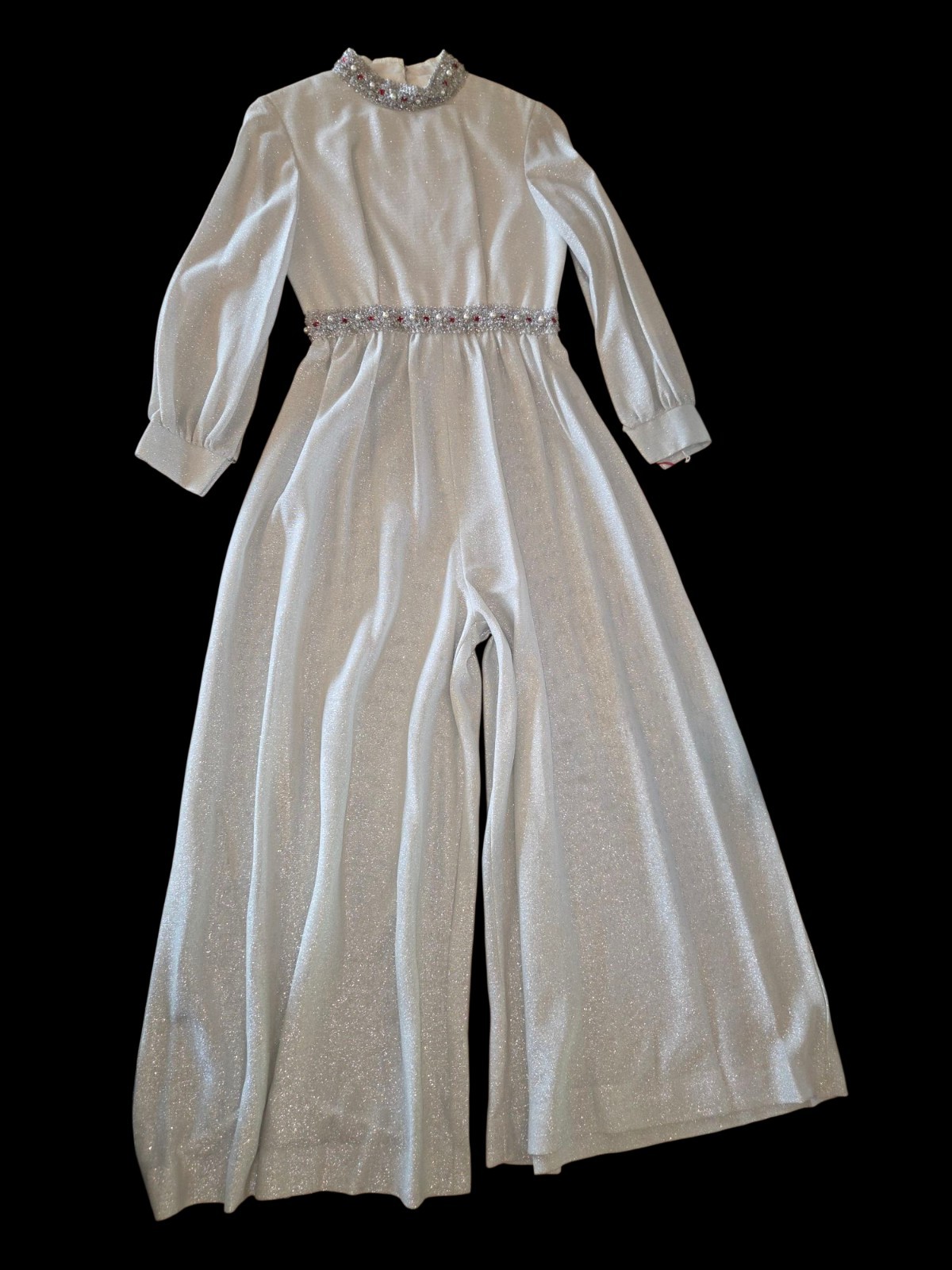Vtg 60s 70s Judy Gibbs Sparkly Silver Metallic Wide Leg Palazzo Jumpsuit Glam S