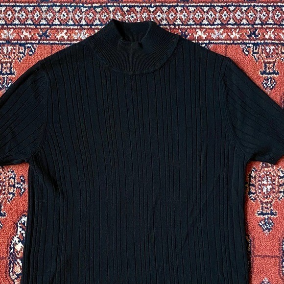 VTG CHAUS Size PS Black Cable Knit Mock Turtleneck Short Sleeve Pullover Top