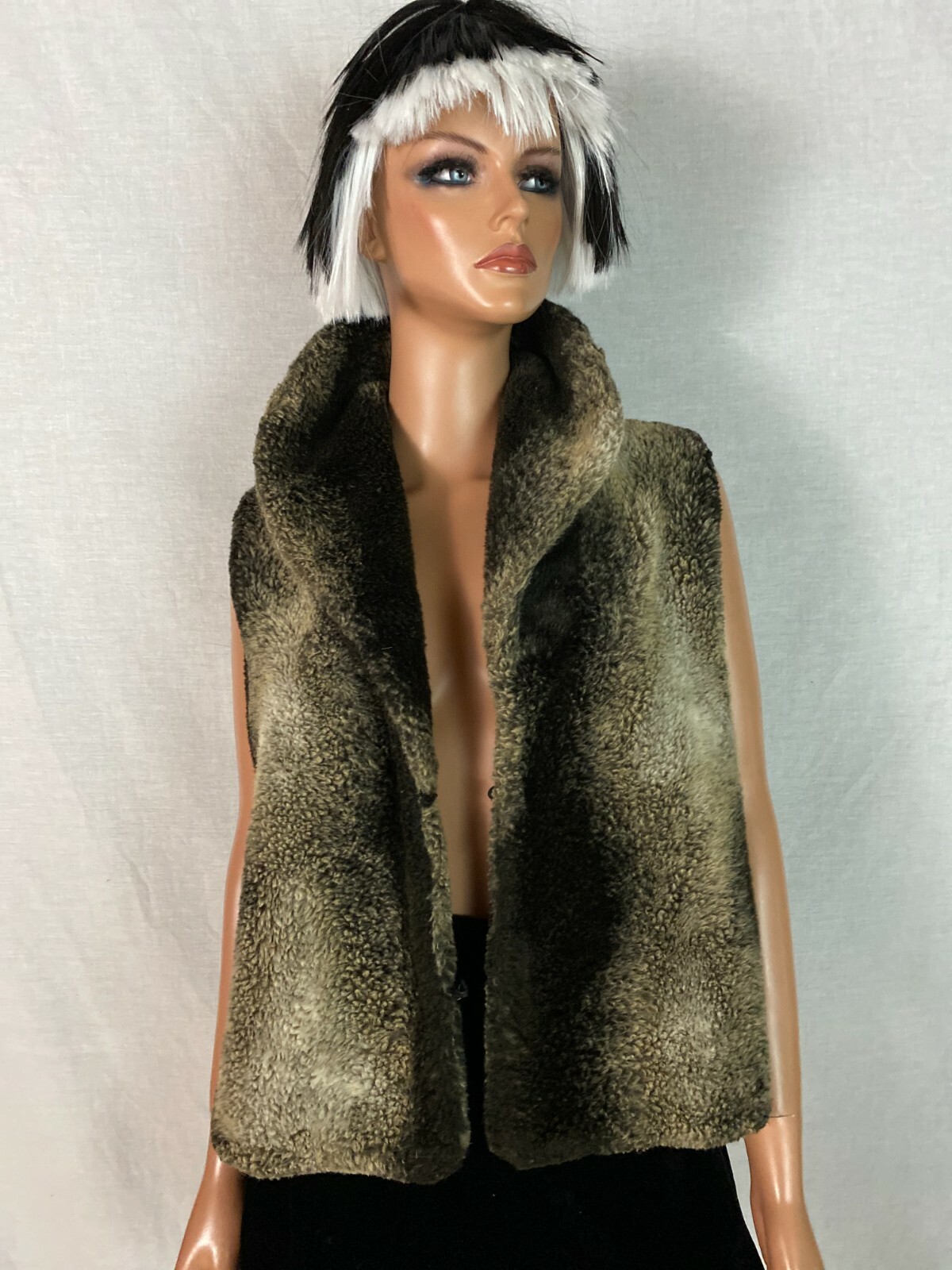 VTG Painted Pony Uniquely USA Faux Fur Vest Waist Coat Marbled Black Cream M/L