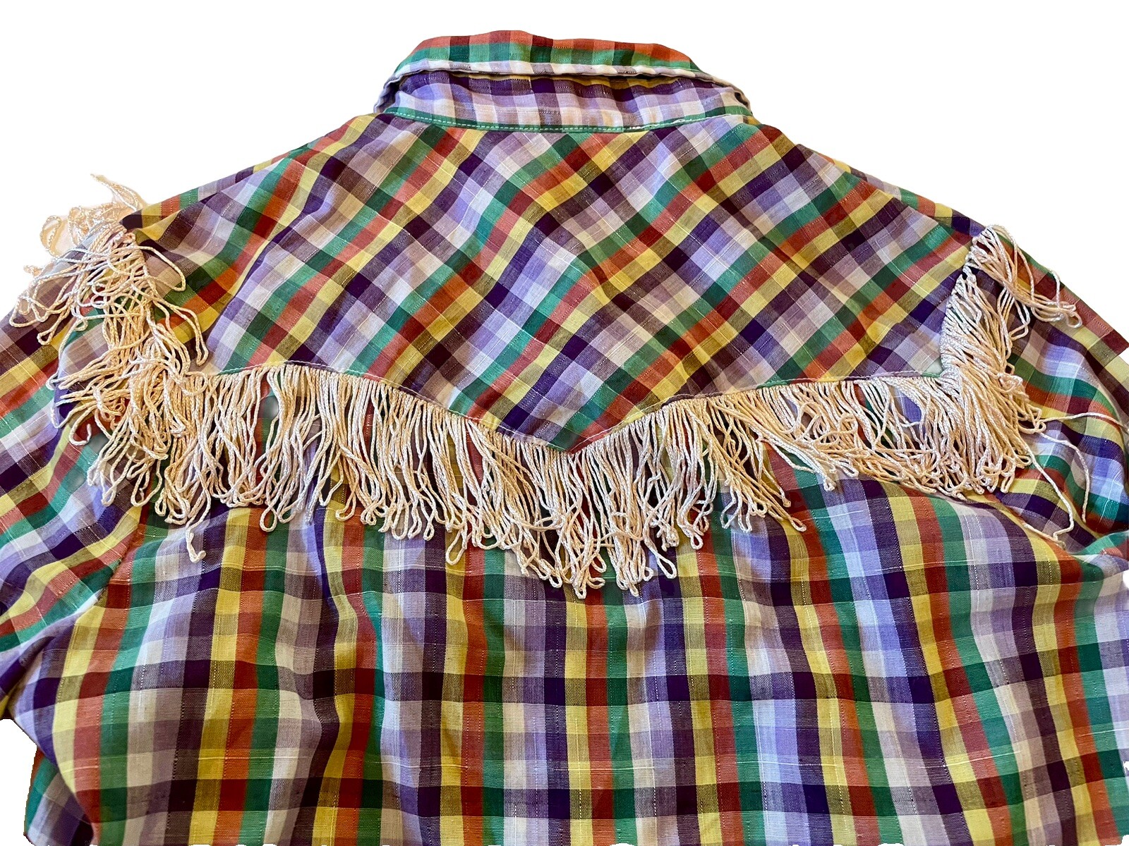 Vintage 70s H BAR C California RANCHWEAR Shirt Women 34 Plaid Fringe Pearl Snap