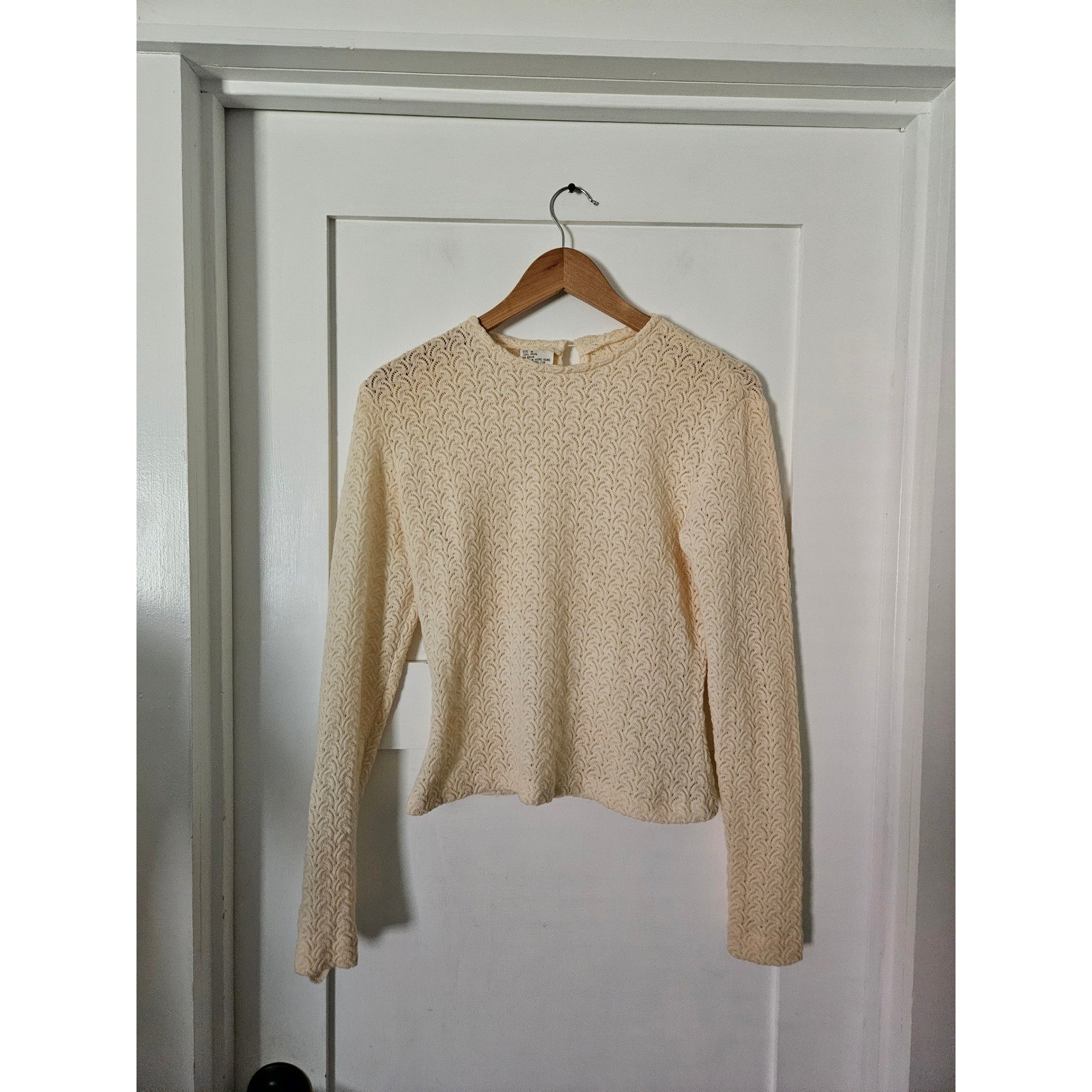 Vintage 100% Wool Cream Open Knit Long Sleeve Sweater Top Size Medium