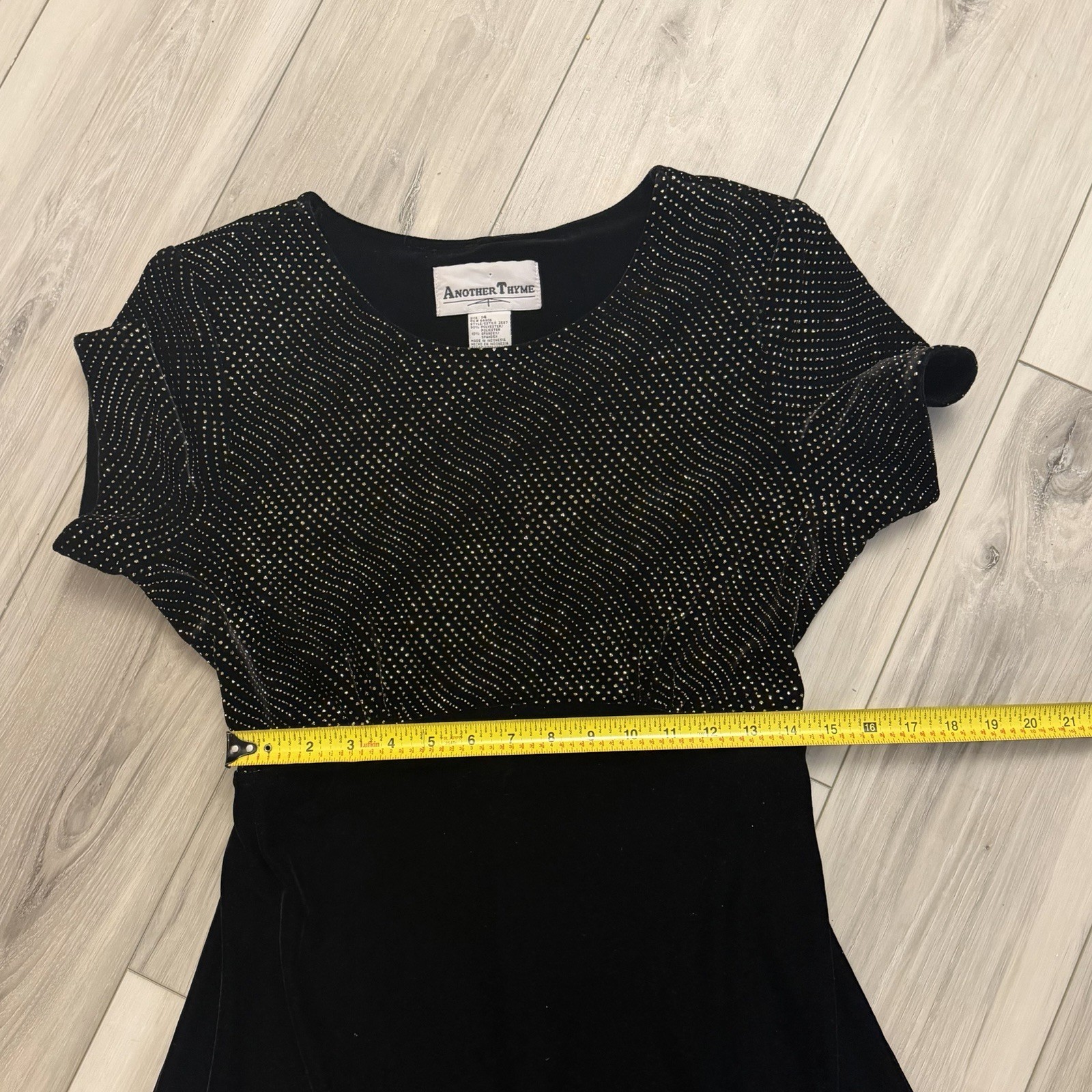 Vintage Another Thyme Black Velvet Maxi Dress Size 14 Gold Glitter Dots Tie Back