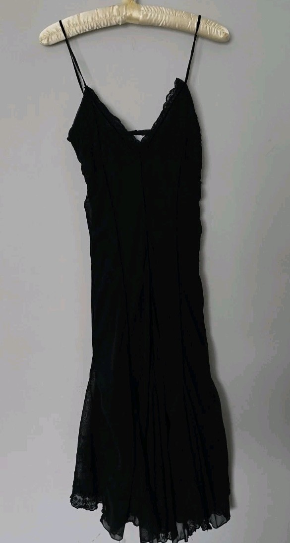 ZARA Vtg Y2K Black Mesh Embroidered Flair Gothic Vampire Midi Dress! M