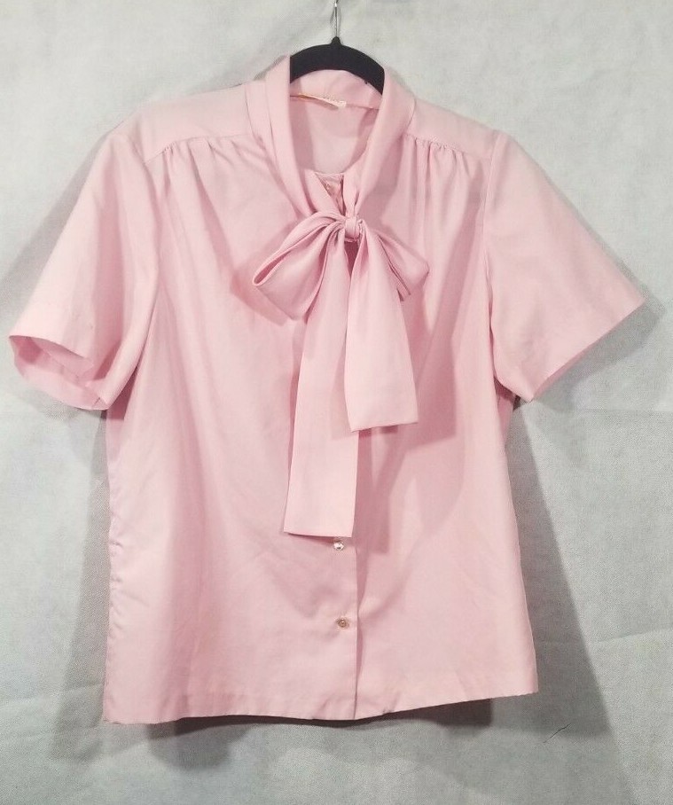 VTG Lea Mar Pink Secretarial Professional Bow Tie Button Up Blouse Rockabilly