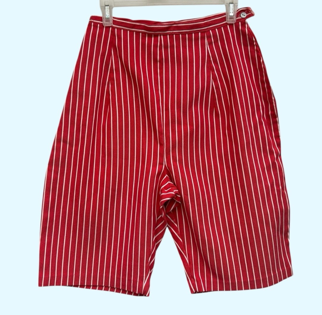 Vtg 1950s Shorts Rockabilly Pin Up Striped Red High Waist Talon Metal Zip 28”w