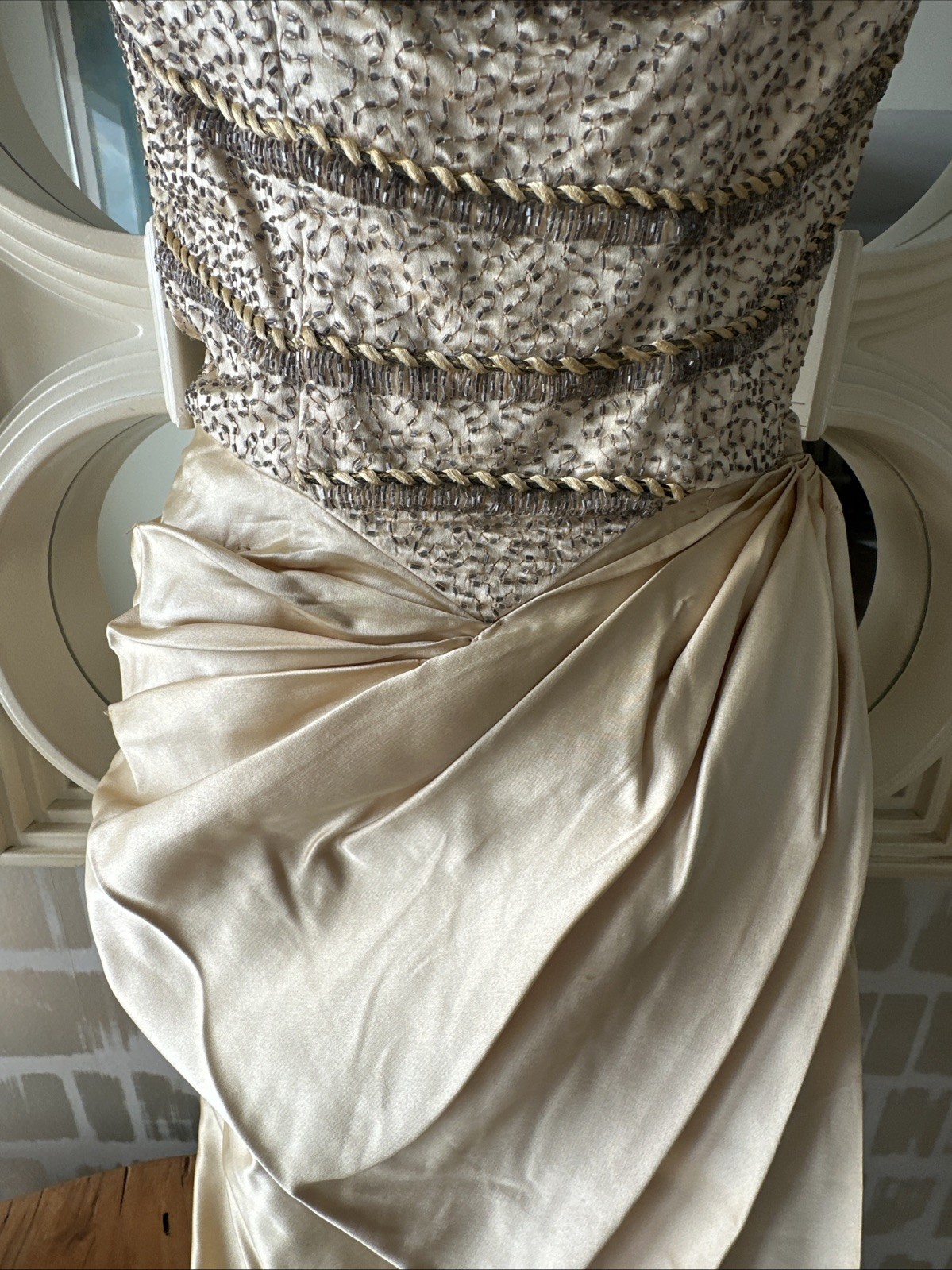Ceil Chapman 50s Patented Champagne Gold Satin & Beaded Bustier Sarong Gown XS