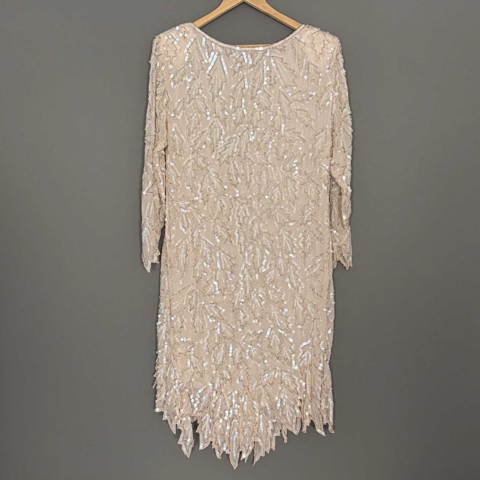 vtg 90s Saint Honore Silk Beaded Sequin Cocktail Dress Blush Pink M Art Deco