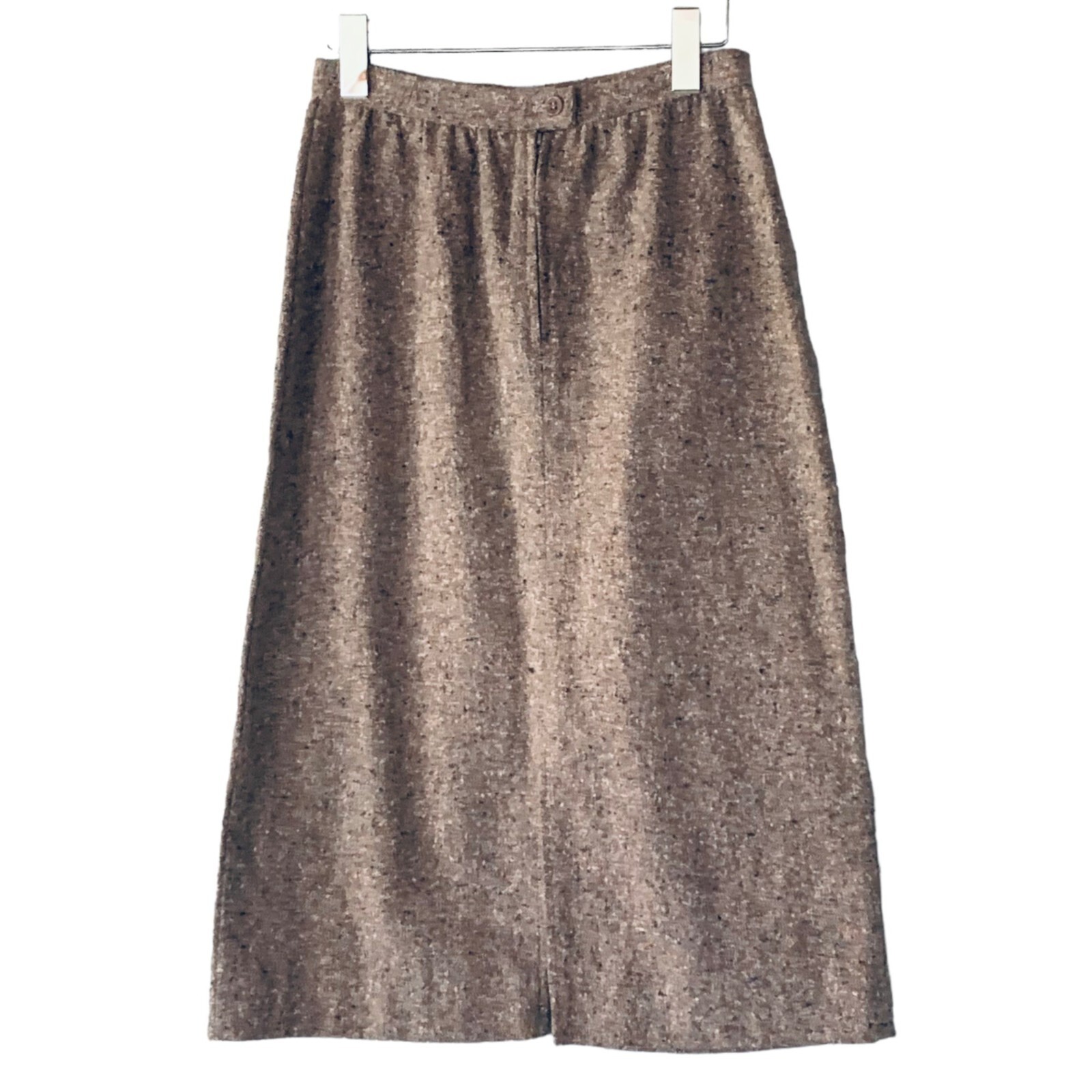 Vintage 70s Tweed Midi Skirt Wool Sz 9 Tan Grey Nubby Woven Academia Double Slit