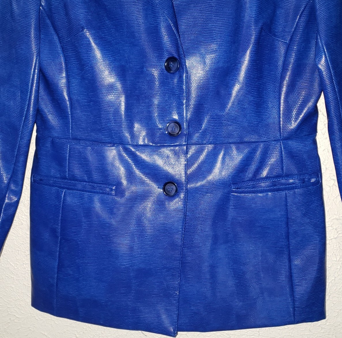 Vintage 90s Hugo Buscati Collection Blue Shiny Blazer Womens Jacket Polyurethane