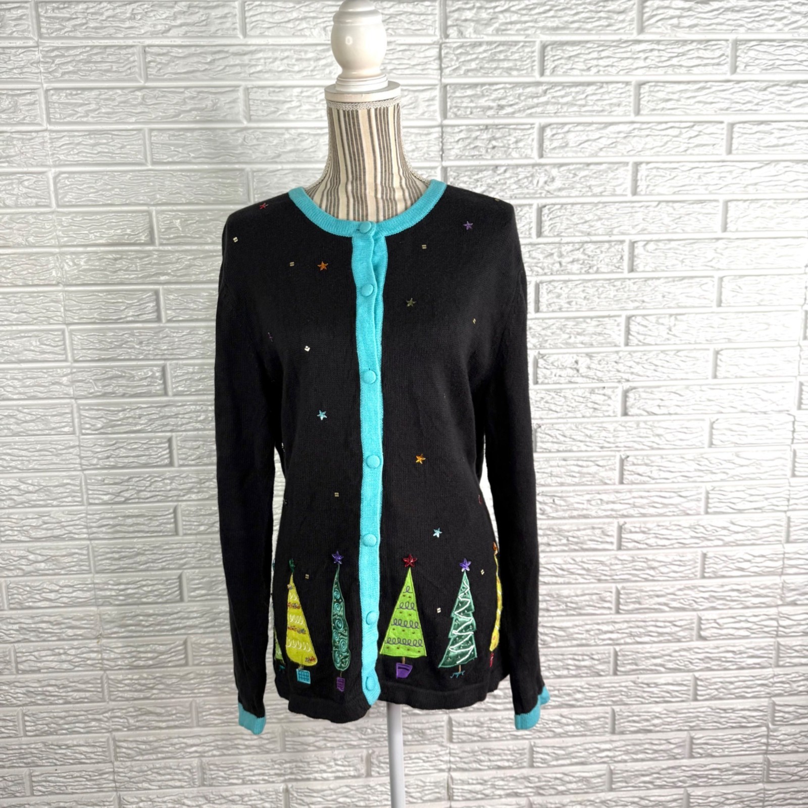 Vtg Merry & Bright Christmas Cardigan Sweater Black Teal Embroidered Trees Large