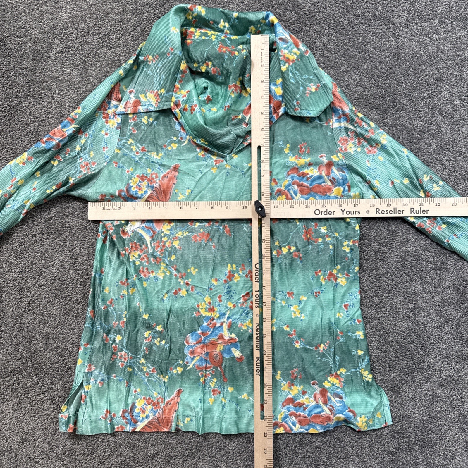 VTG Womens M Shirt 1970s Disco Green Floral Dagger Collar Hippie AOP Polyester