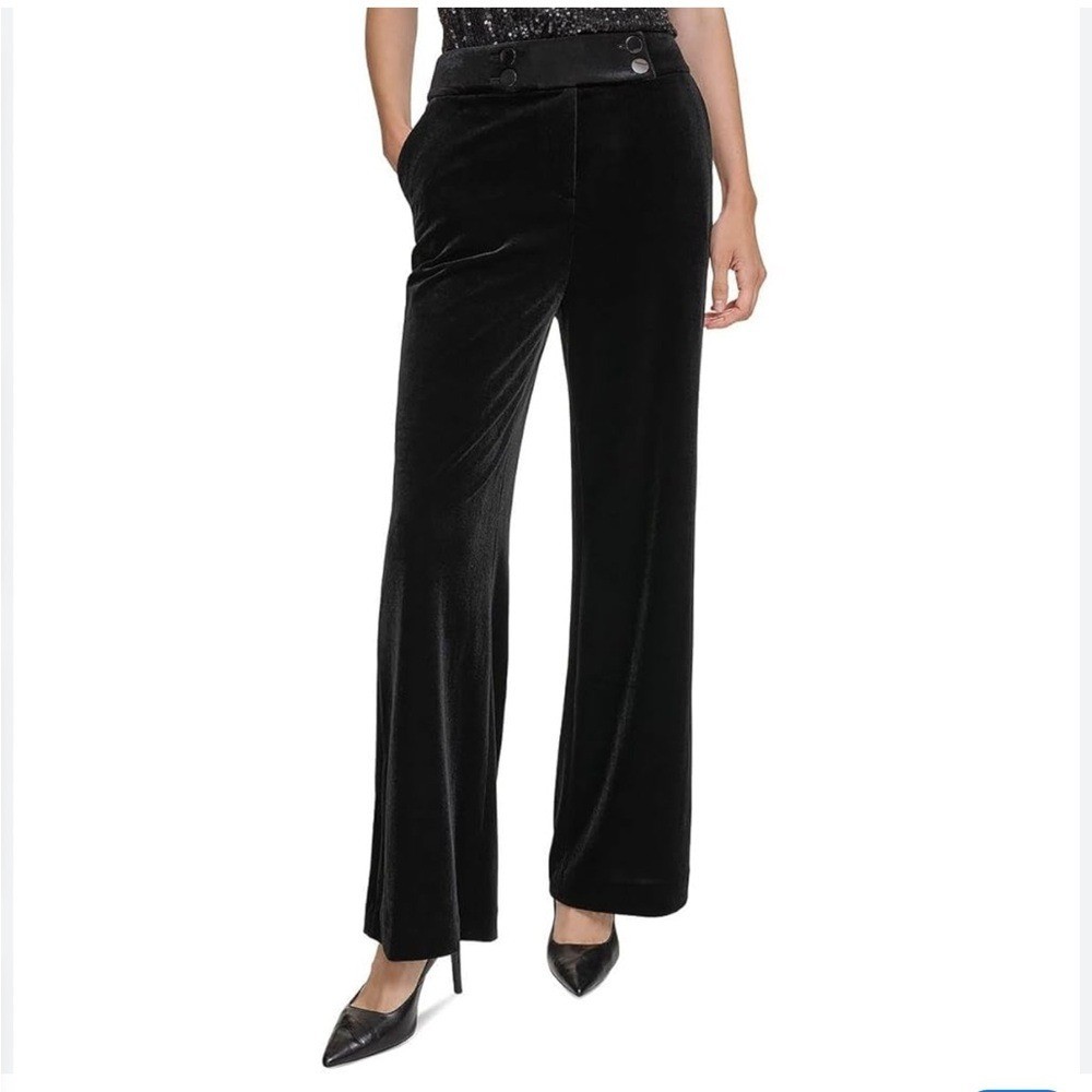 NWT Calvin Klein Womens Whitney Velvet High-Rise Wide Leg Pants Black 14W
