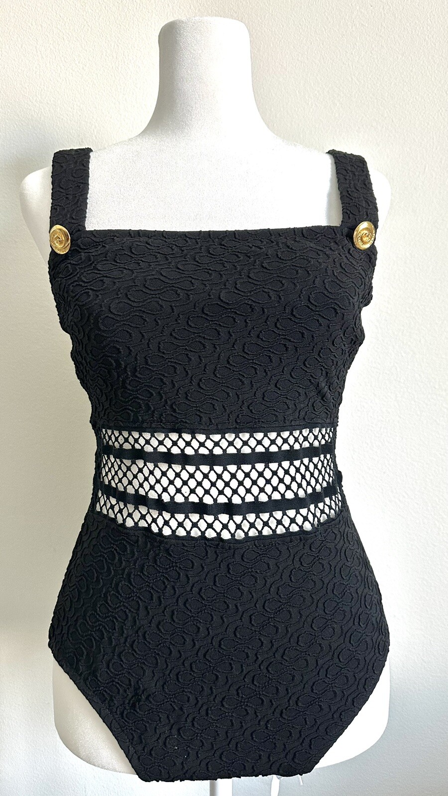 Vintage 90s One Piece Black Textured Bathing Suit Gold Buttons Mesh Small