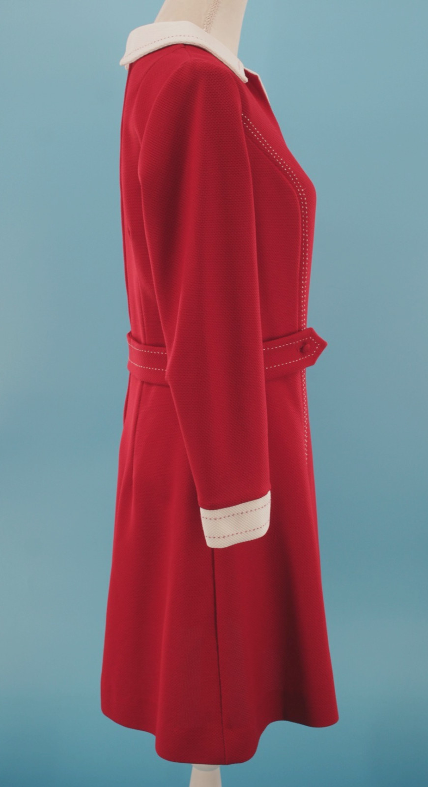 VTG Womens 60s Dark Red Long Sleeve Mini Dress W/ White Collar & Cuffs S/M 1960s