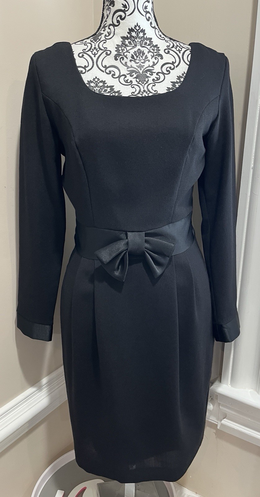 VTG Laura Ashley Black Dress Bow Front Satin Trim Audrey Hepburn 50s’ Sz 6