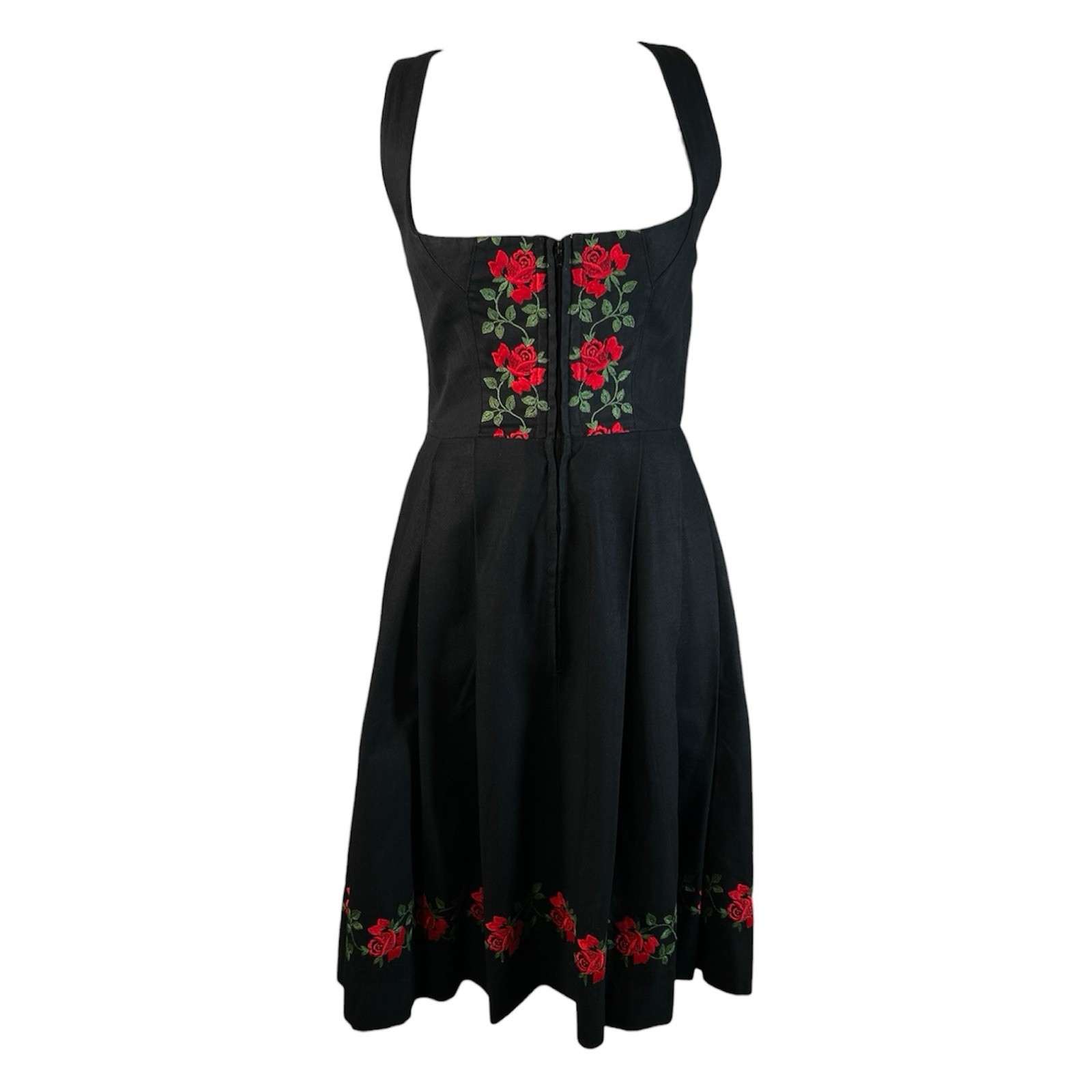 VTG 60s Strick-Kunst Dirndl Floral Embroidered Border Black Dress Womens S/M