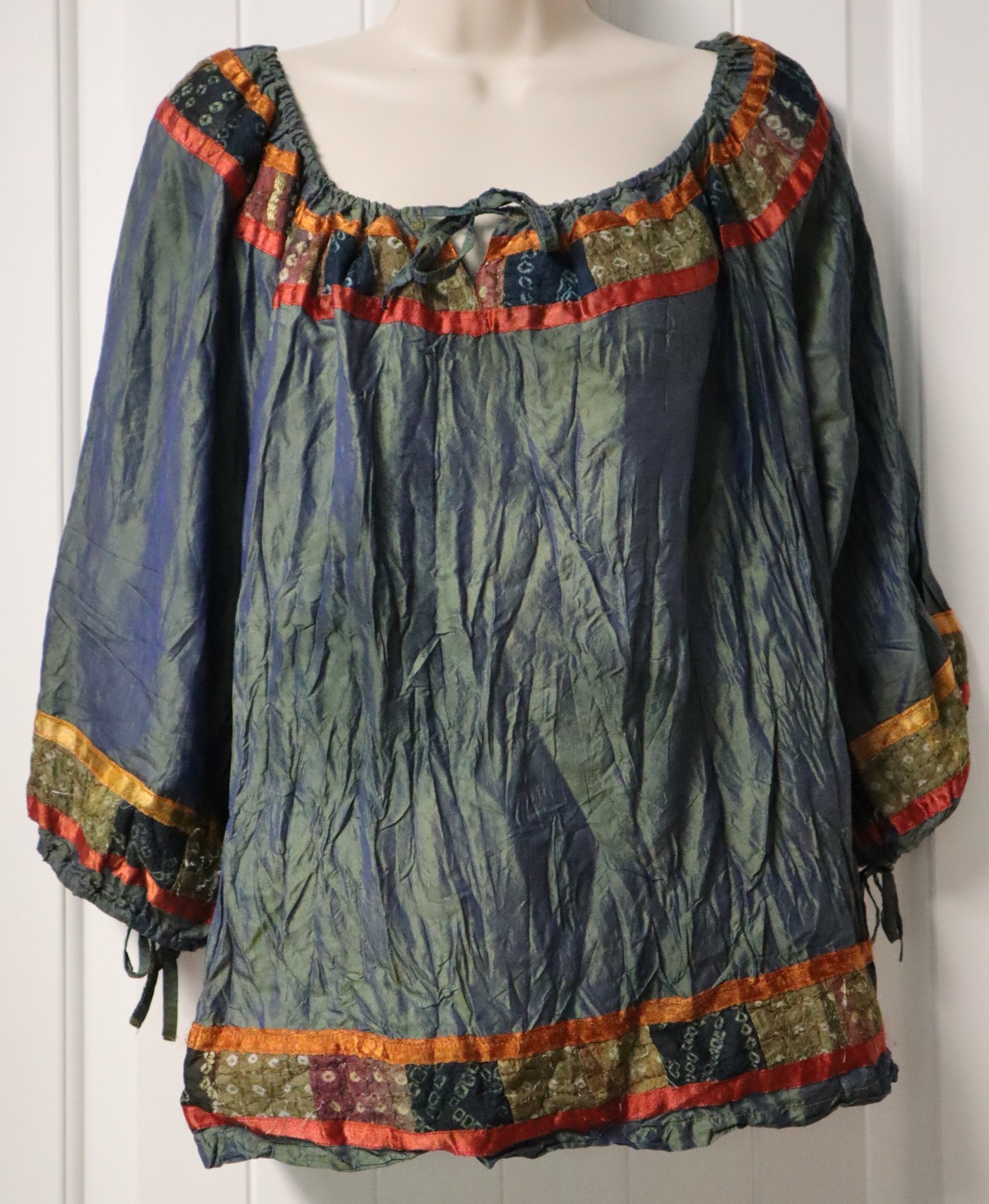 Vintage 1990s ANU by Natural womens Bohemian pure silk sheer blouse size XL