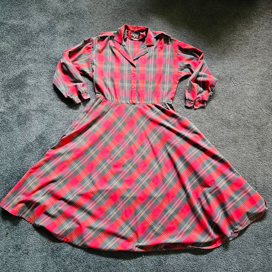 Vtg 80s Tartan Plaid Rockabilly Cowpunk Shirtwaist Full Skirt Swing Dress L/XL