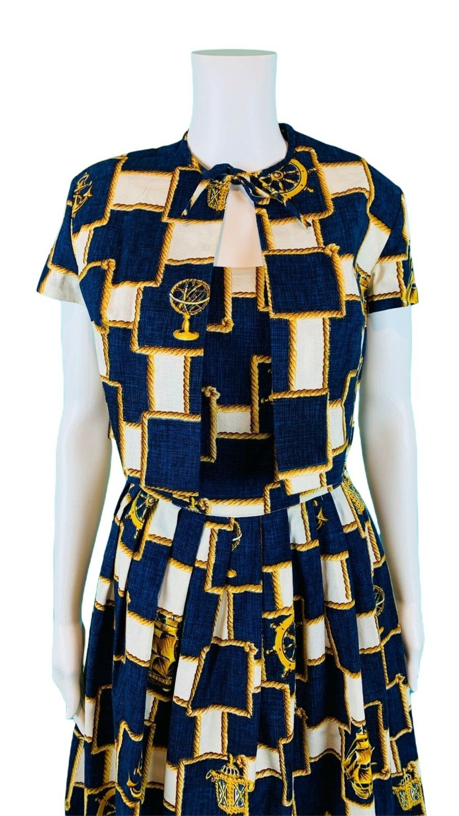 Vintage 1950s Nautical Novelty Print Dress Capelet Sundress Set W 25″