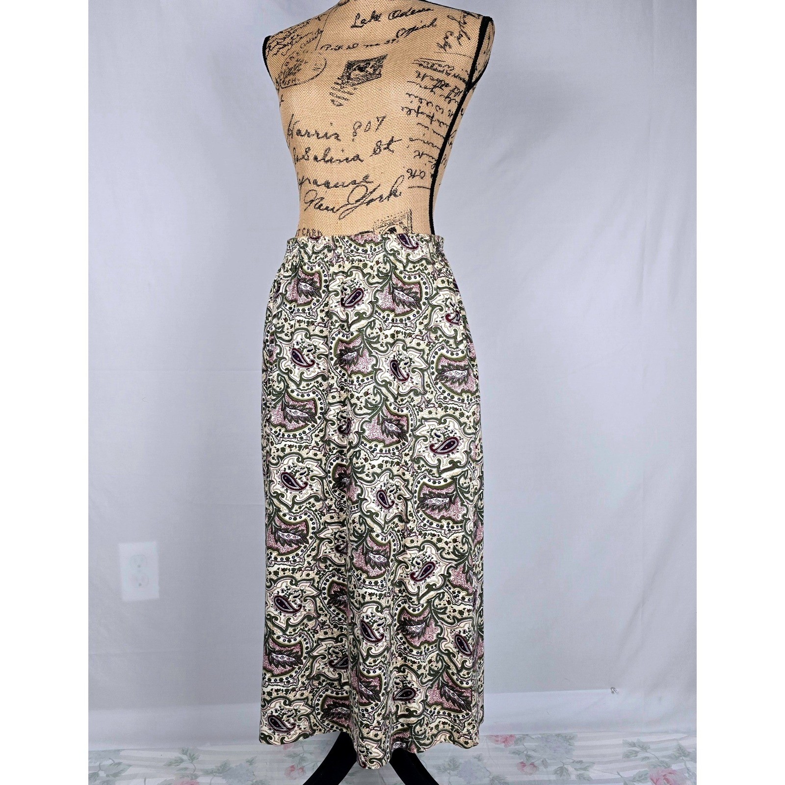 Vintage Van Heusen for Her Paisley Maxi Skirt Cotton Elastic Waist Green Large