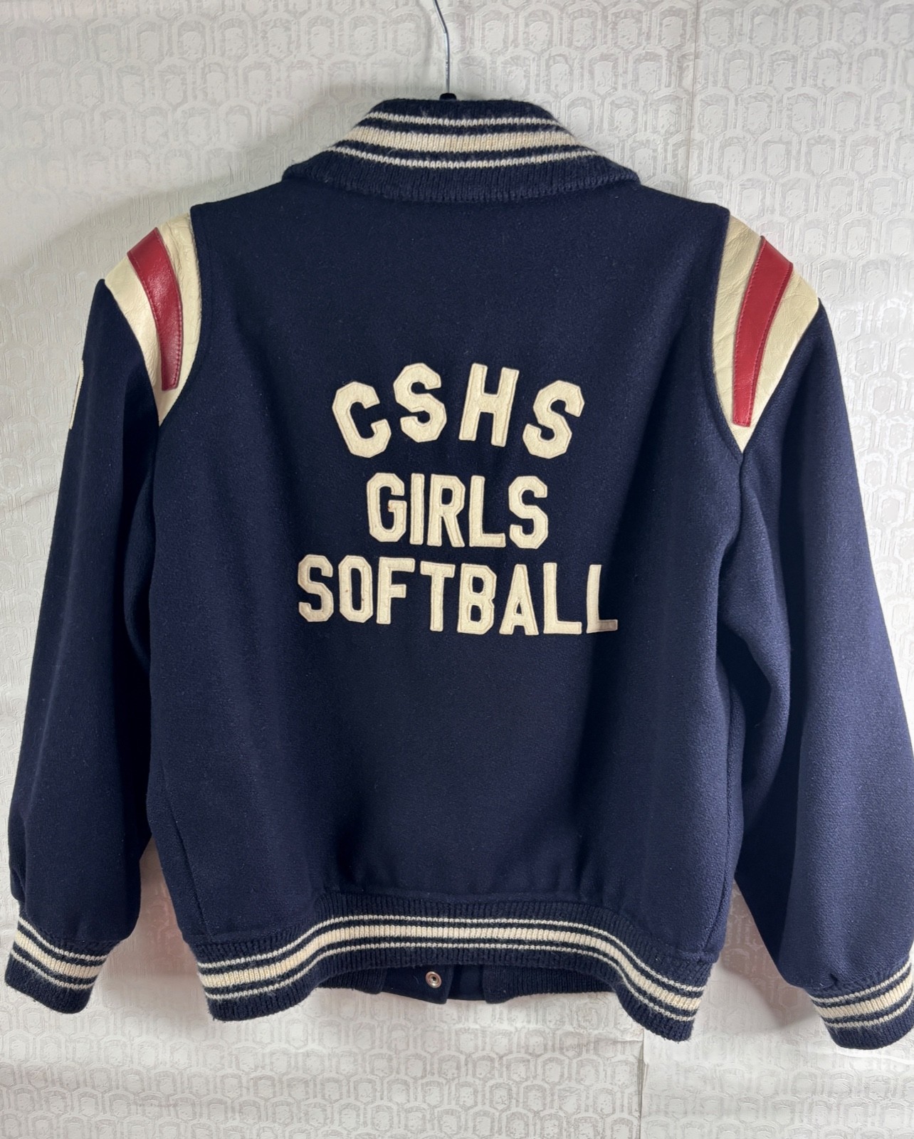 VTG 70’S HIGH SCHOOL LETTERMAN BLUE VARSITY JACKET W/LEATHER GIRLS SOFT BALL*S/M