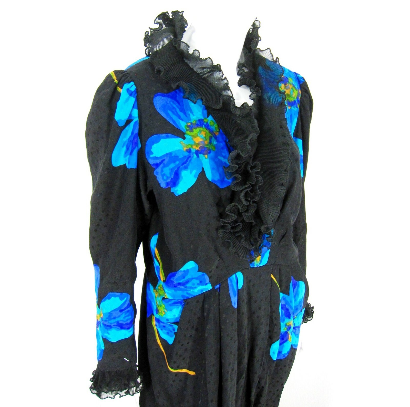 An Elizabeth Vintage Long Sleeve DRESS M Medium Black Blue Floral