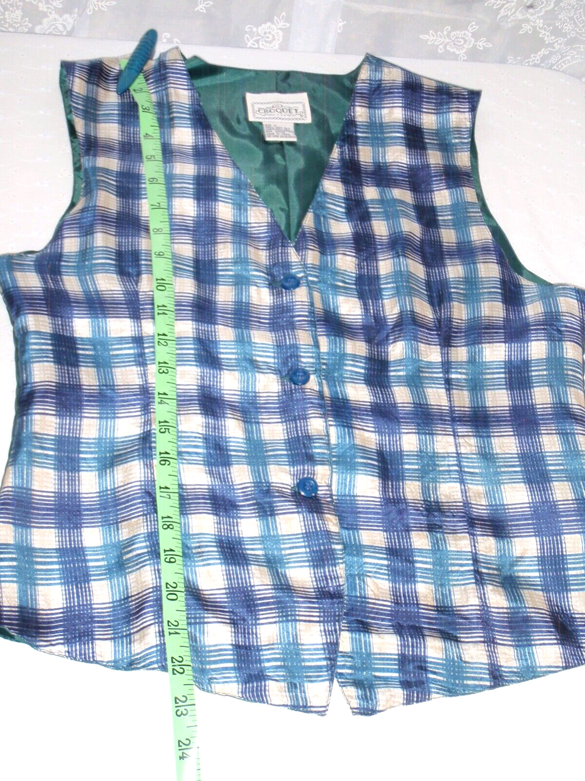 VTG Croquet Club Medium 100% Silk Woman Vest Checkered Blue White Tan Green