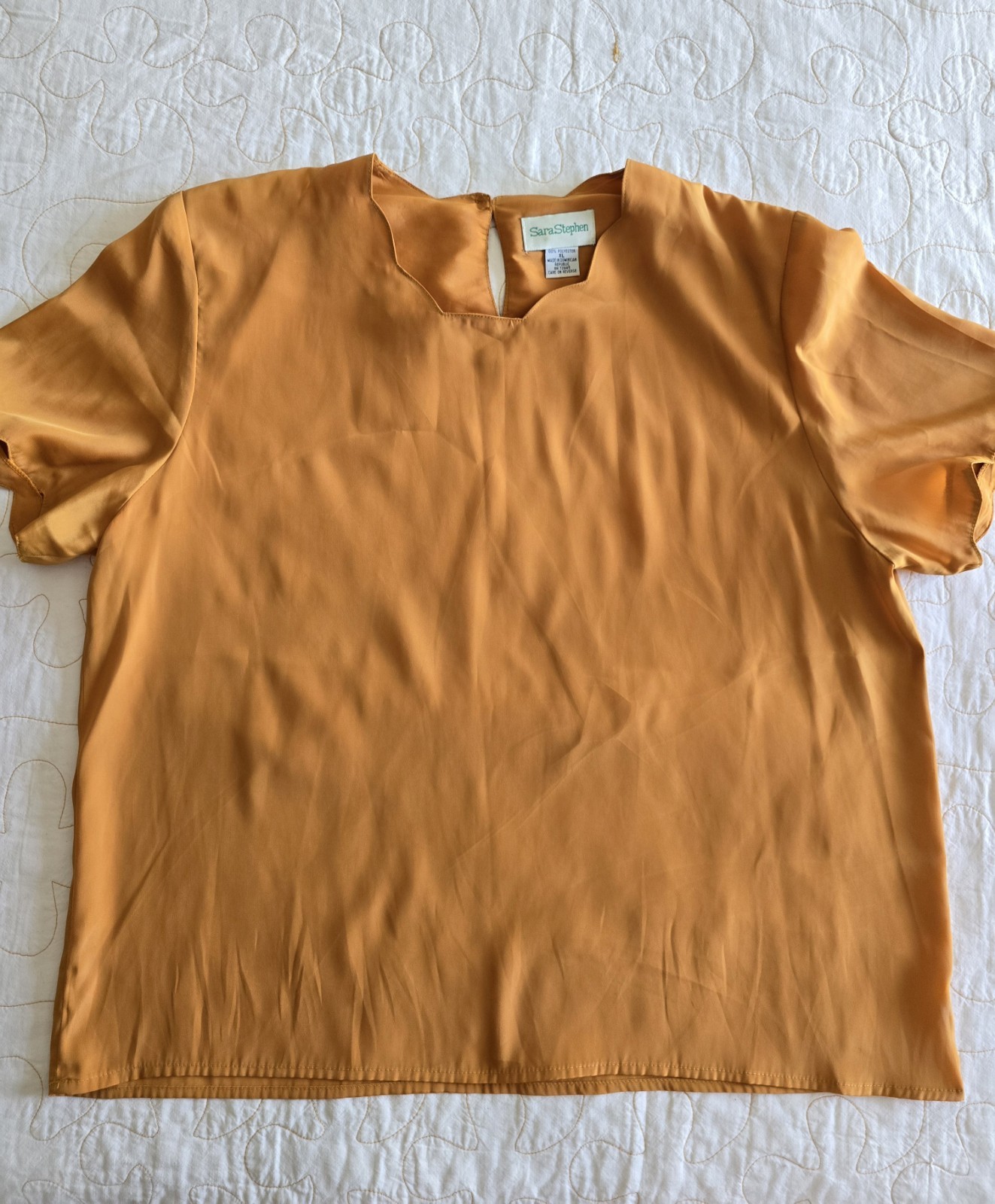 Vintage 80s 90s Short Sleeve Mustard Yellow Blouse Womens XL Scalloped Sleeves