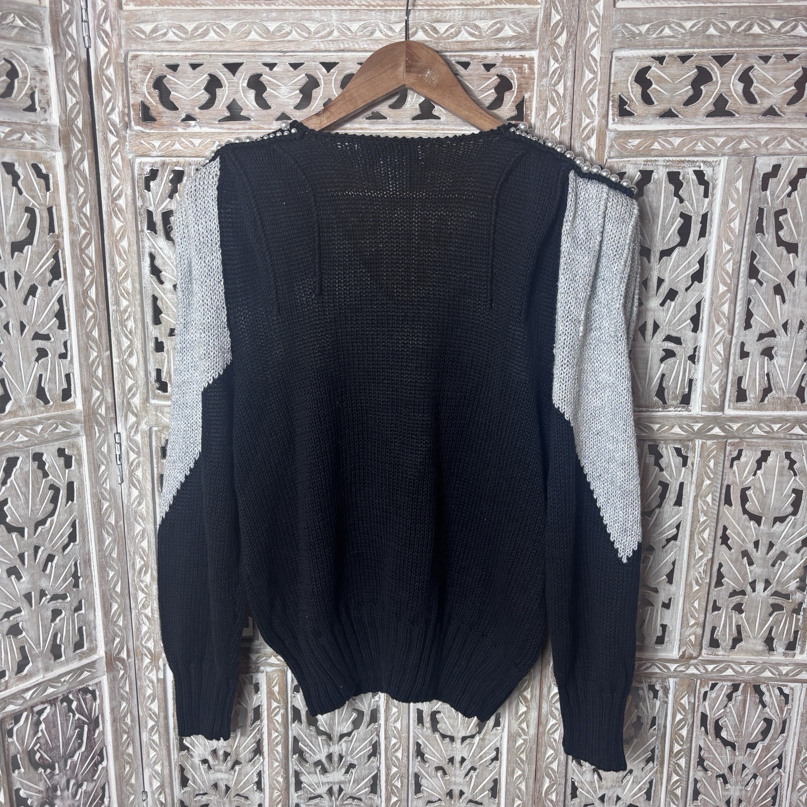 Vintage Maurada Pearl Rhinestone Metallic Embroidered V-Neckline Chevron Sweater