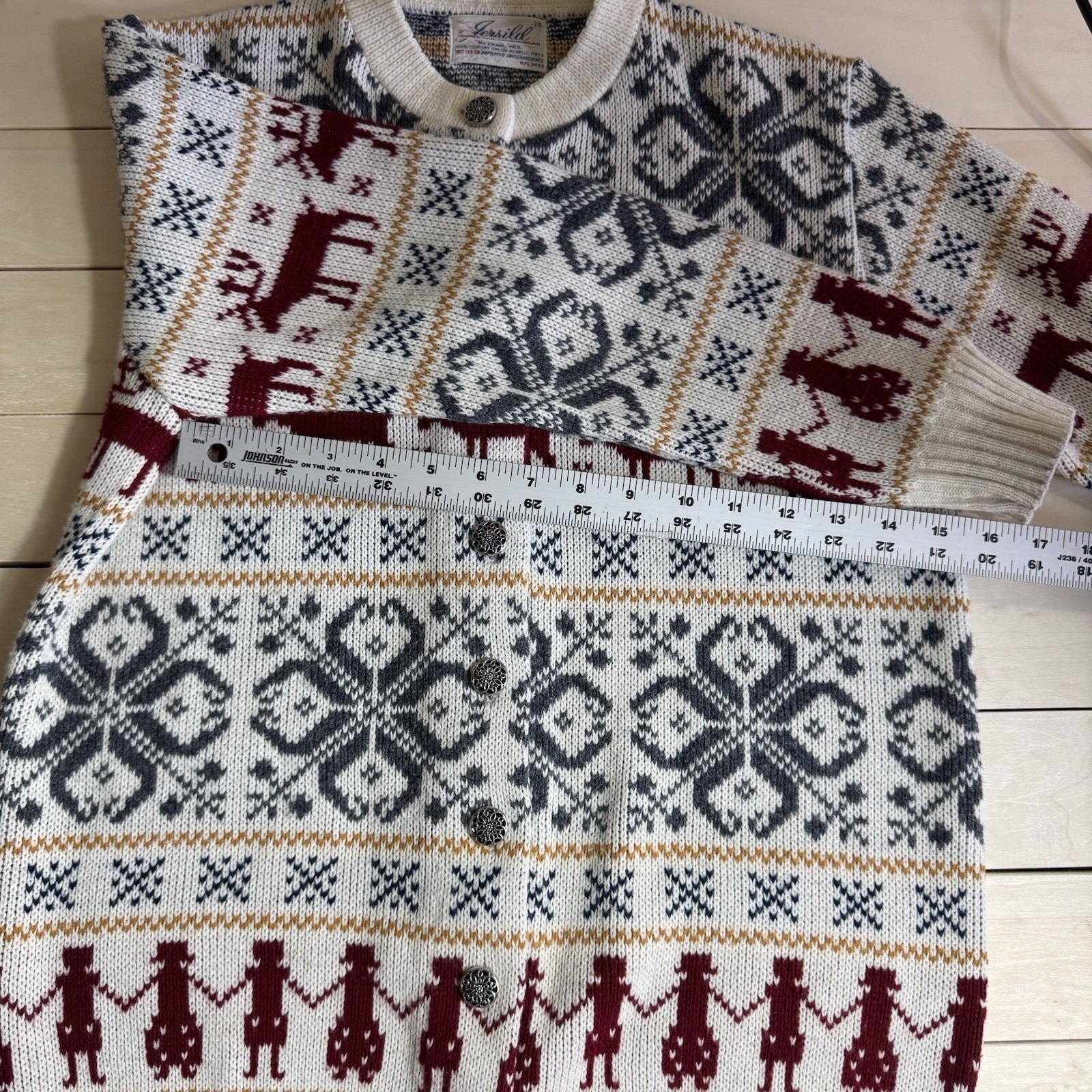 Vintage Jersild Reindeer Fair Isle Cardigan Sweater Cream Navy Burgundy Sz 38