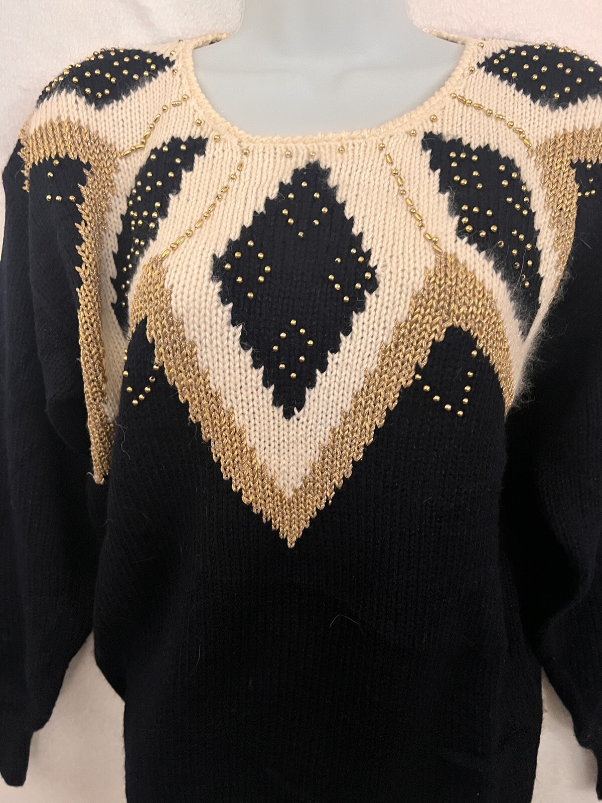 Dana Scott Womens M Vintage Sweater Black & Cream Gold Beads Party Holiday