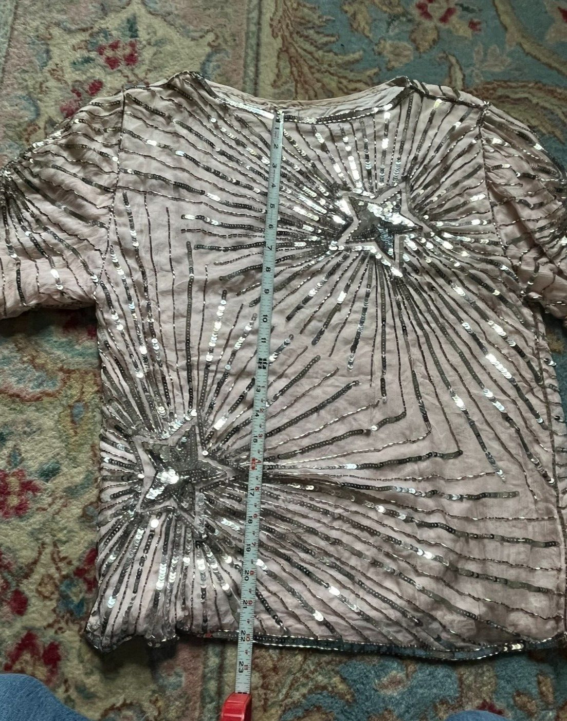 VINTAGE I. MAGNIN MAUVE PINK TOP BLOUSE SILVER SEQUINS & BEADS STAR DESIGN SZ 40