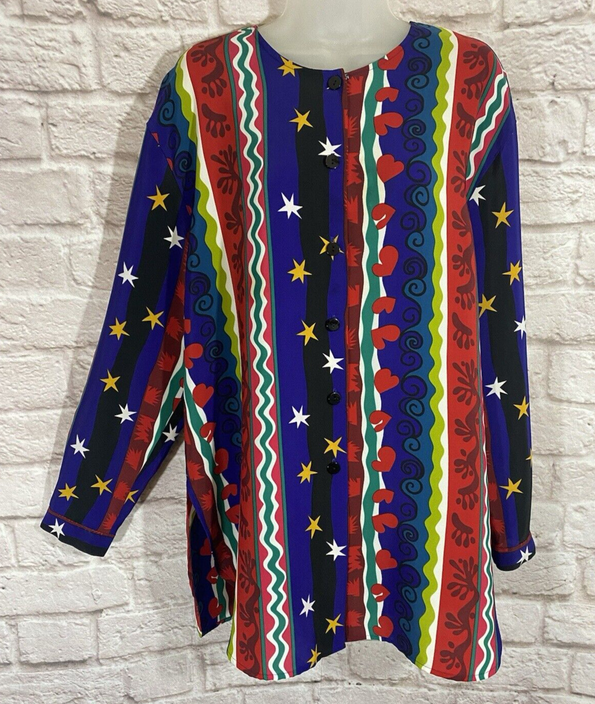VINTAGE CIRCA 1980’S CHAUS Blouse Tunic Top 16 Hearts Stars Colorful Shirt 9621
