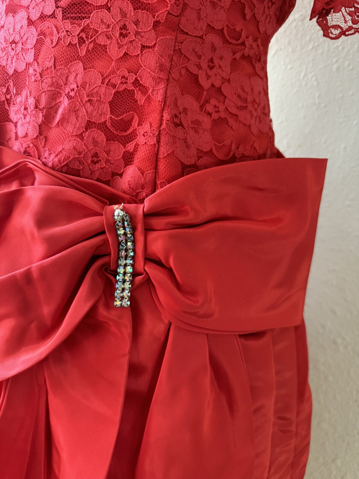 Vintage 80’s Red Lace Prom Dress Lydia Beetlejuice Size M Bow Rhinestone