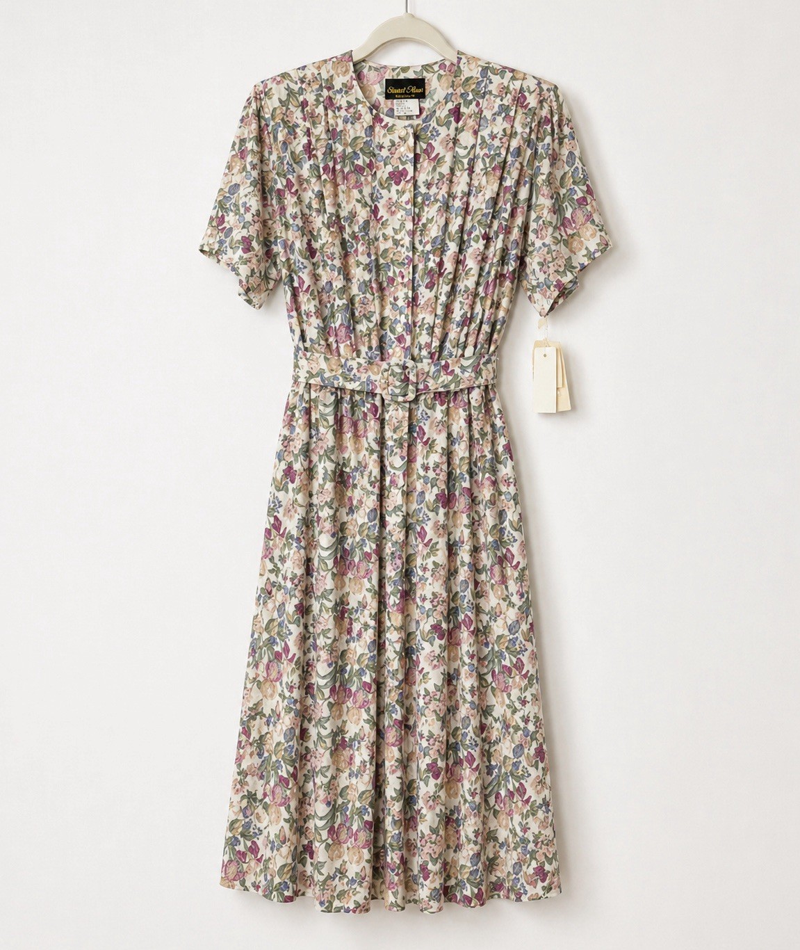 Vintage Deadstock Stuart Alan Floral Midi Dress Pleated Belted Made USA Size 16