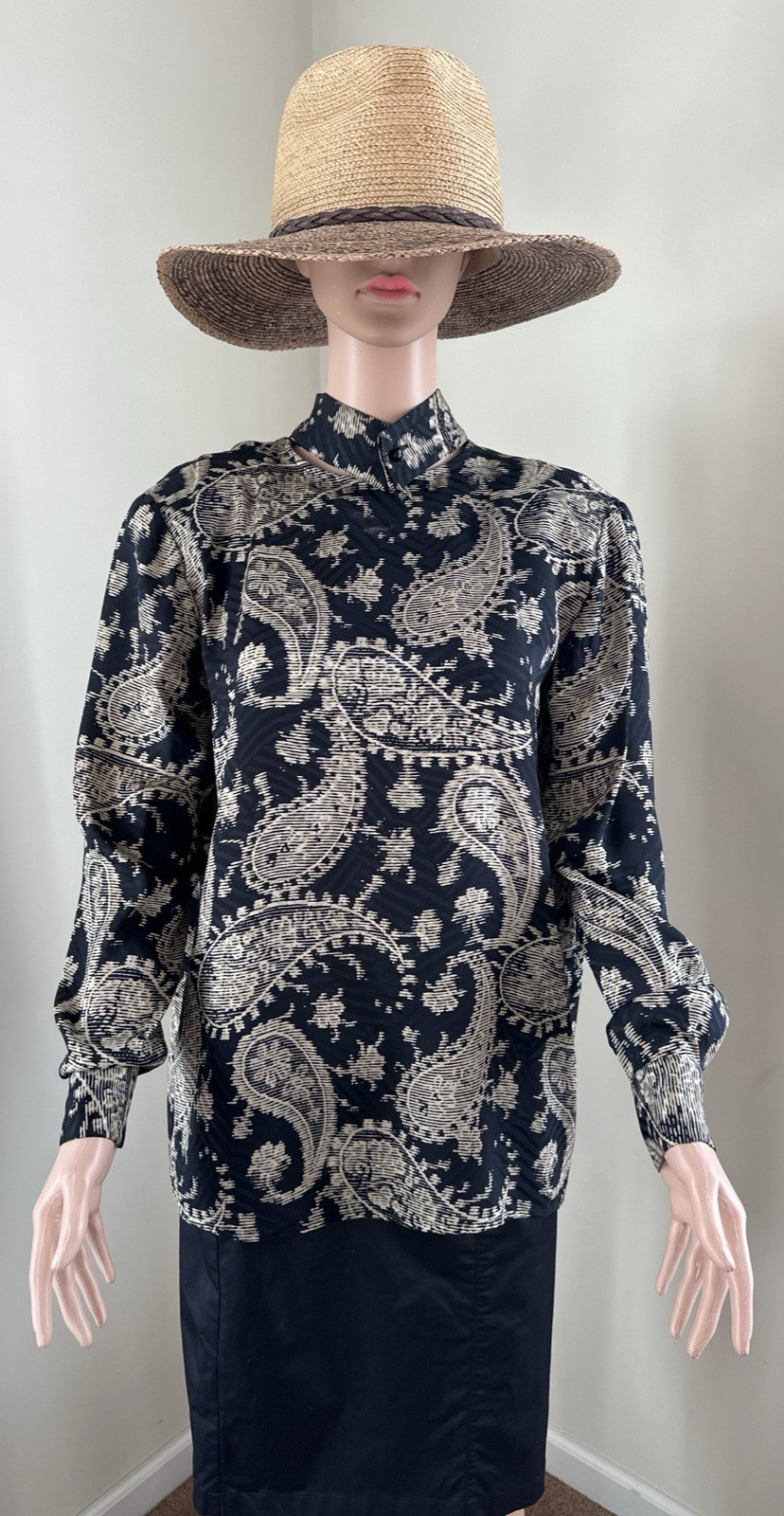 Vintage Giorgio Armani 100% Silk High Neck Paisley Blouse Italy Size 38