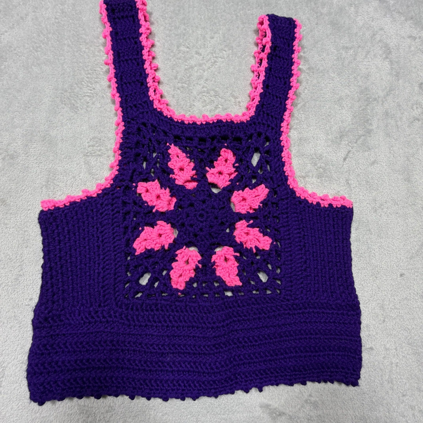 Vintage 90s Handmade Crochet Granny Square Crop Top Purple Pink Small
