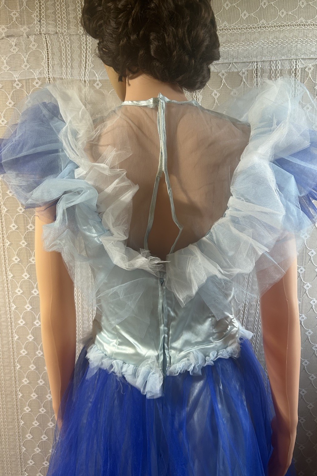 Vintage Tulle Ball Gown 34″w Theatrical Drama Ruffle Dress, Blue 80s 50s Prom