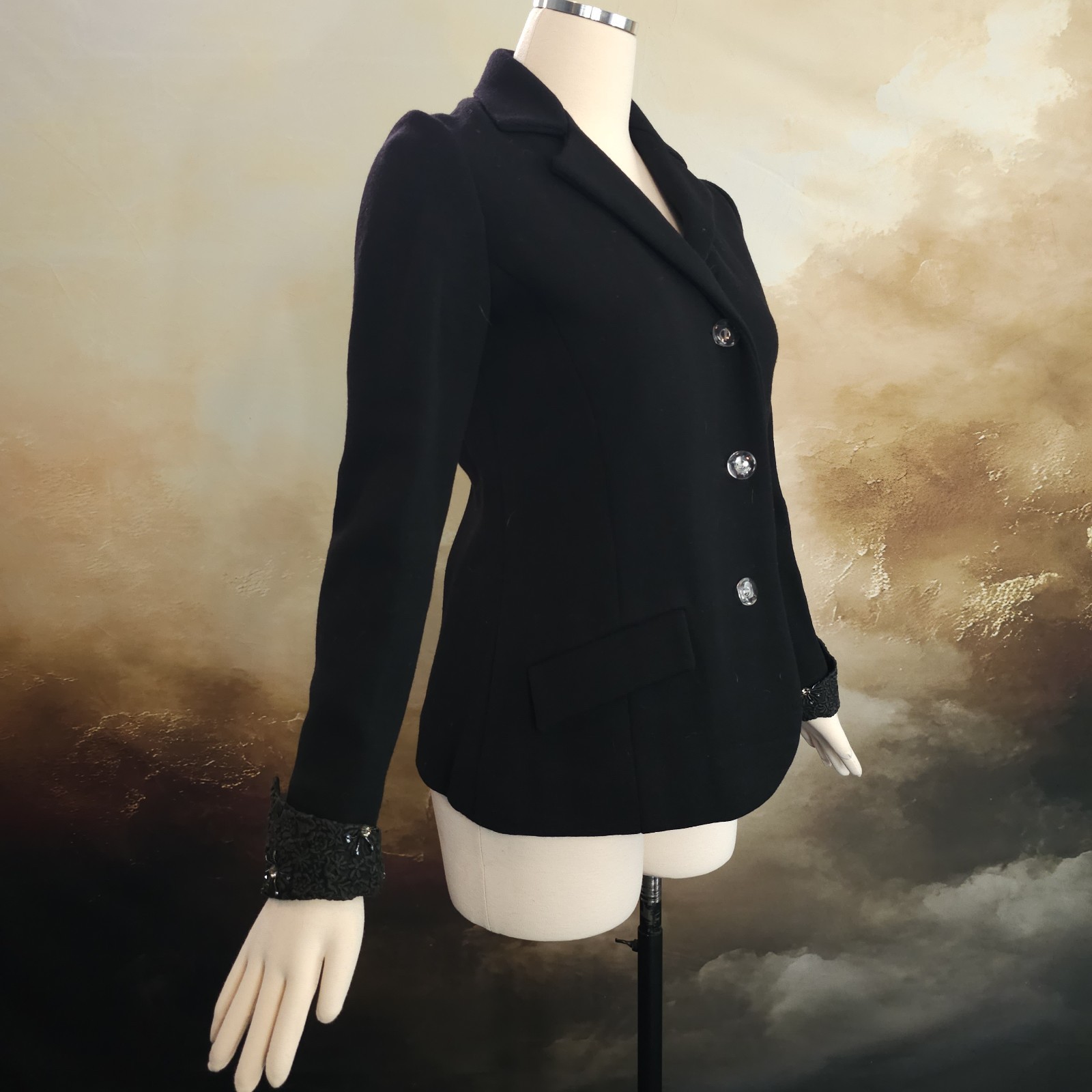 Vintage 1960’s Blazer Jacket Black Wool Italian Gino Paoli Beaded Cuffs Collar