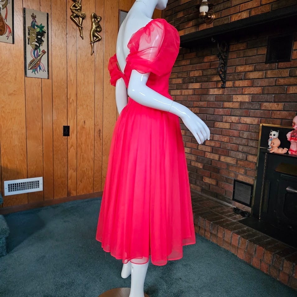 Vtg 80s Lipstick Red Queen Of Hearts Puff Sleeve Chiffon Full Prom Dress XS/S