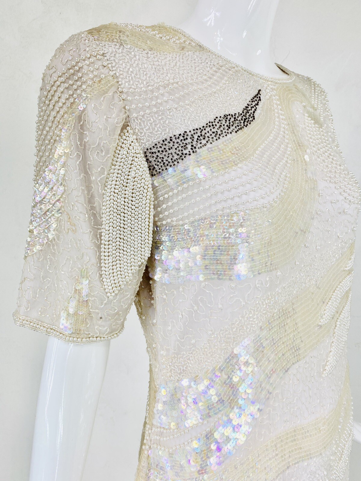 Vtg MODI Off White Champagne Silk Bead Sequin Evening Cocktail Wedding Dress, S