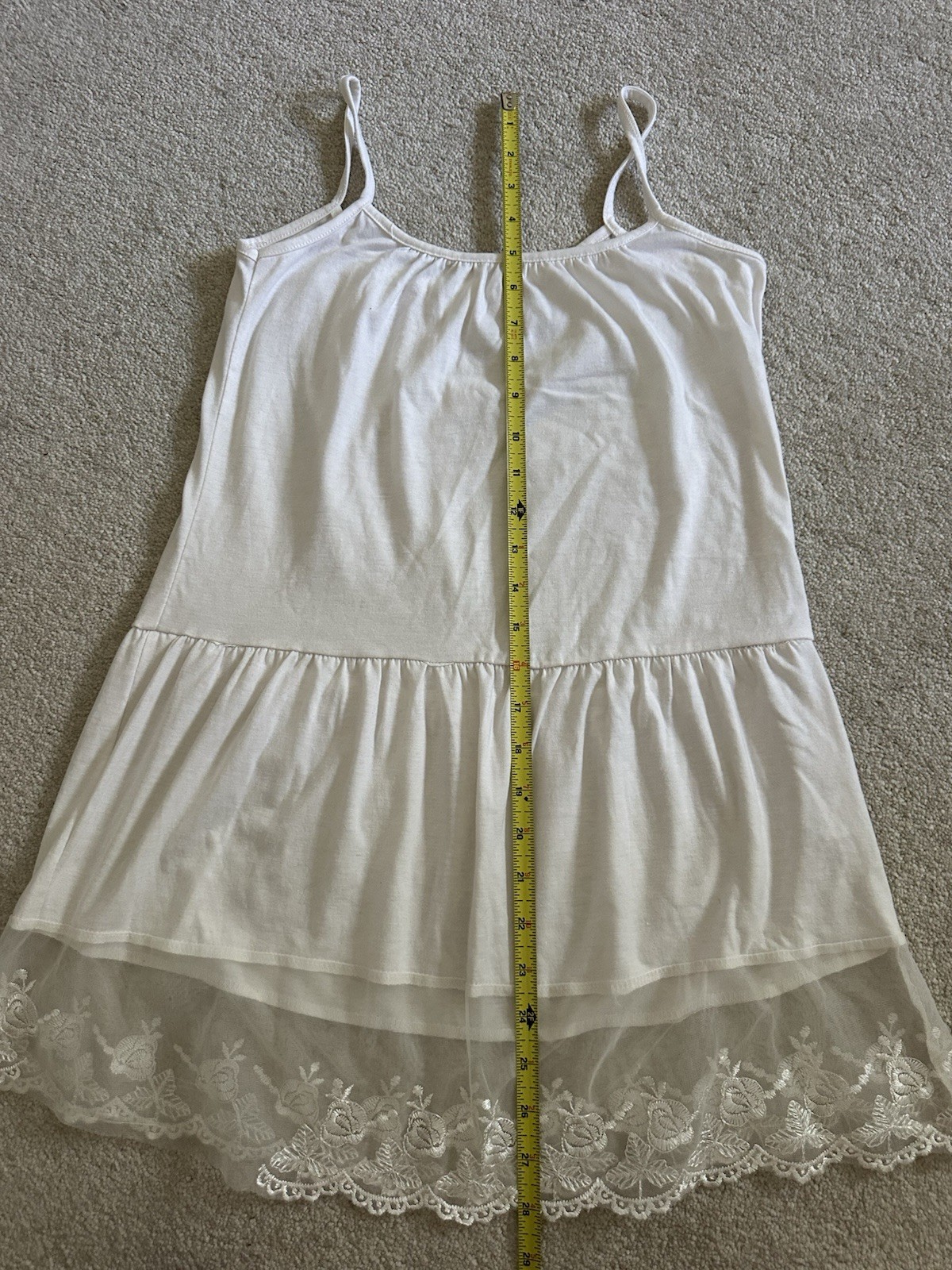 Women’s White Spaghetti Strap Slip / Chemise Lingerie with Lace Hem Trim