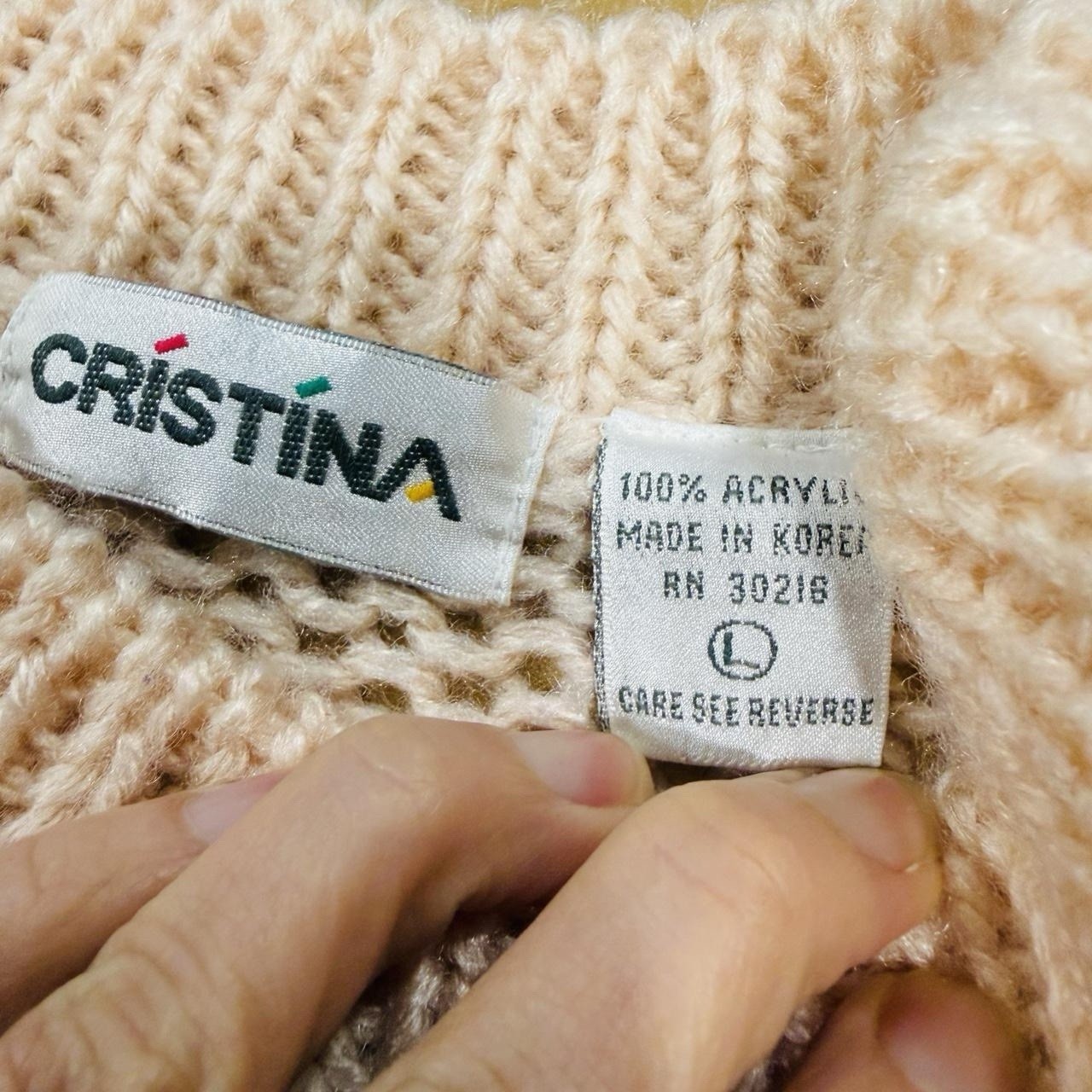 90s Cristina Sweater Large Abstract Geometric Knit Peach Pink Tan Korea Acrylic